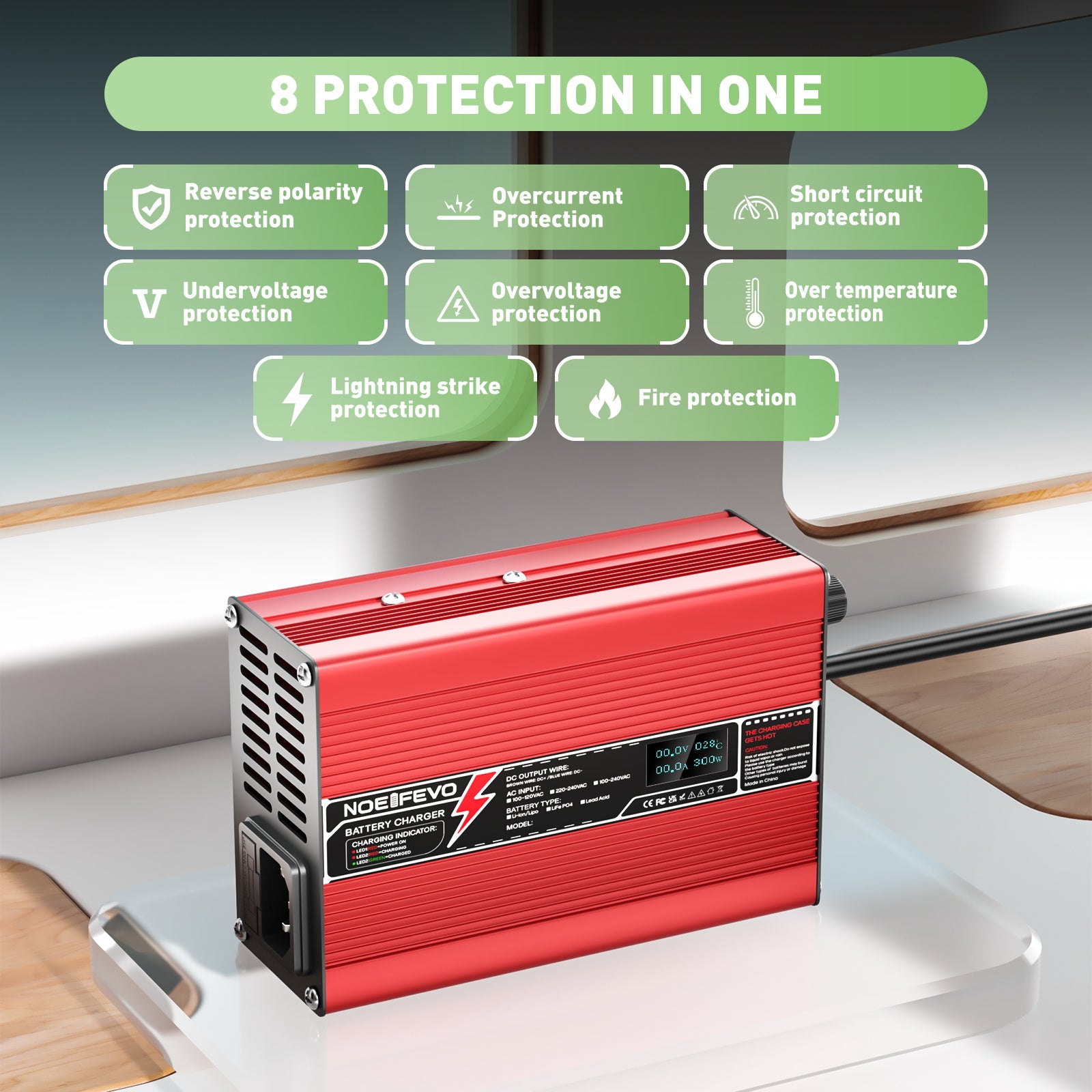 NOEIFEVO 51,2 V 5 A Lithium LiFePO4 batterilader, ladningsspænding 58,4 V, med blæser, aluminiumhus, LCD-skærm