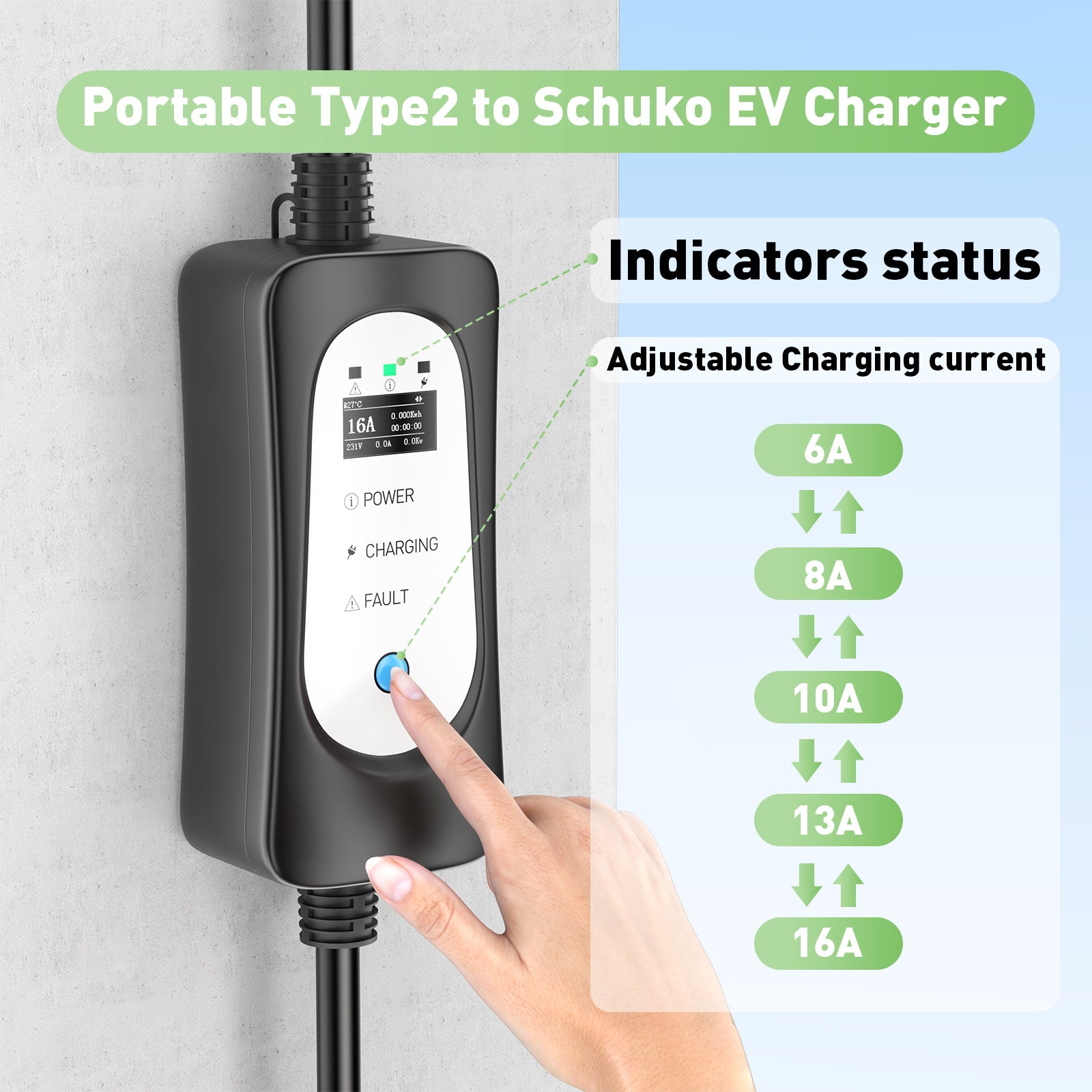 Bärbar Type2 3.7KW 16A EV-laddare, Type1 5 meter laddkabel för mobilt EV-laddning med Schuko-kabel