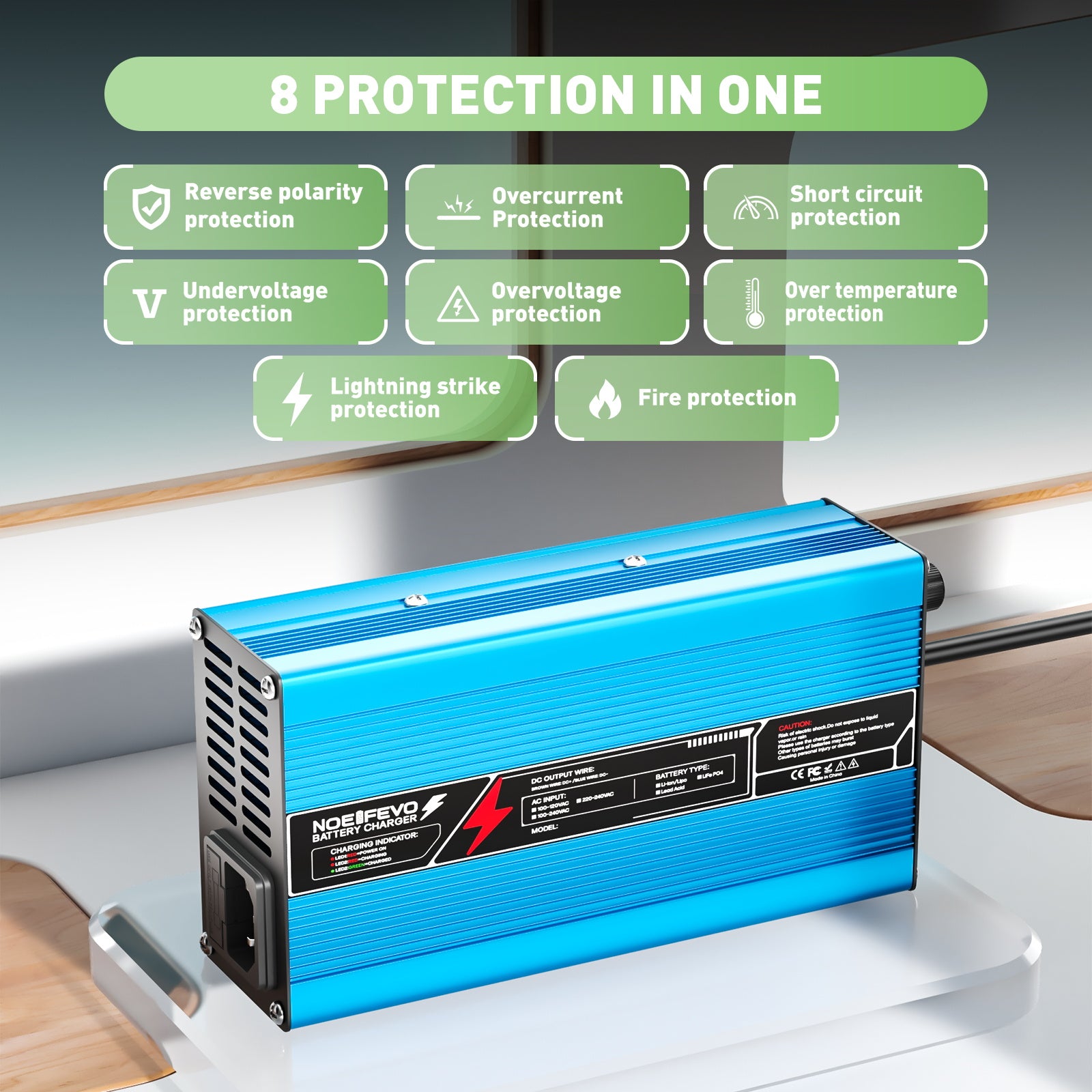 NOEIFEVO 42V 10A 10S Lithium-batterilader, til 10S 37V Li-Ion batteri, automatisk slukning, aluminiumhus, med blæser (blå)