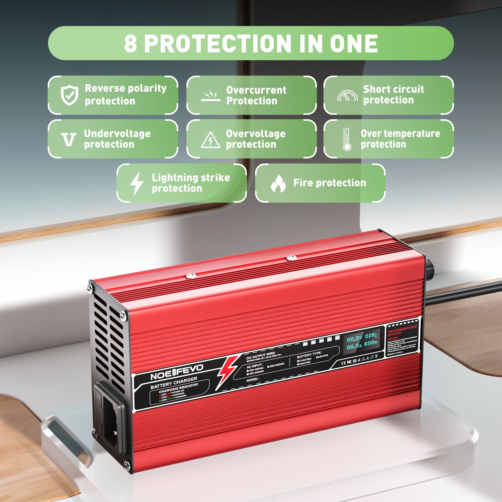 NOEIFEVO 43.8V 10A LiFePO4-batterioplader til 38.4V 12S LiFePO4-batterier, automatisk slukning, OLED-skærm, aluminiumshus, med blæser