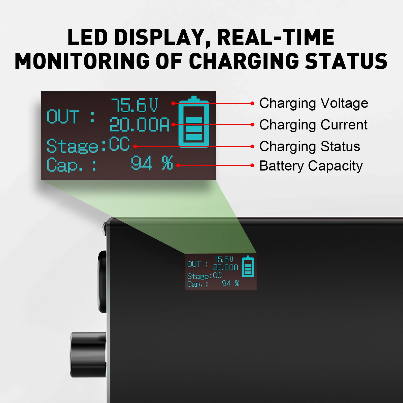 NOEIFEVO 75.6V 2-20A Lithium-batterilader til 66.6V 18S Lithium-Li-Ion-Lipo-batteri, LCD-skærm, justerbar strøm, lader til E-bike, scooter, elektrisk motorcykel