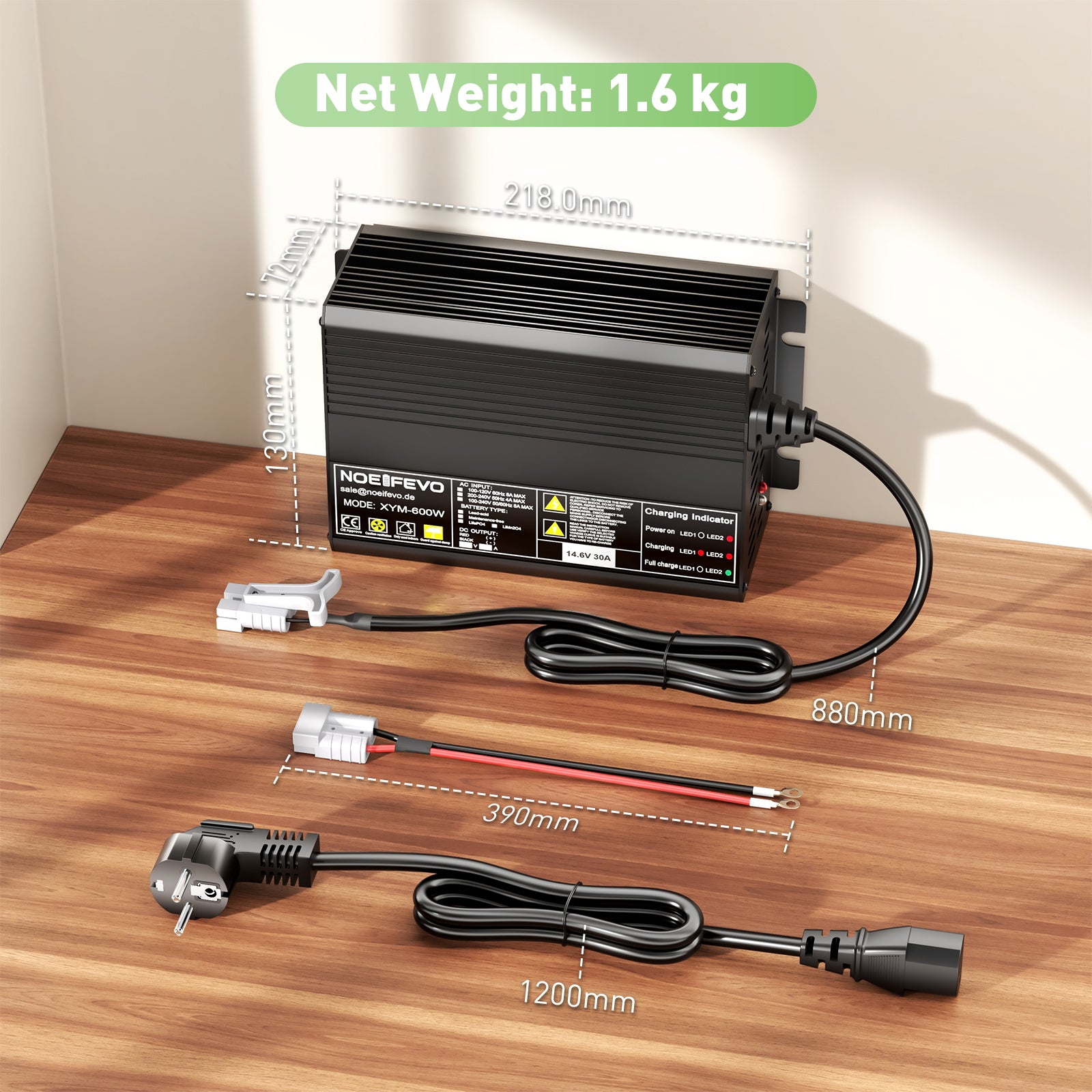 Noeifevo 12V 12.8V 30A LiFePO4 Batterijlader, 14.6V Lader voor LiFePO4 Batterij