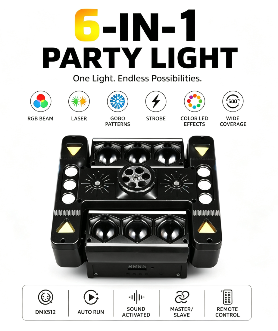80W 6Arm RGB Partylicht 360° Moving Head DJ Bühnenstrahler DMX512 & Musiksteuerung Disco Licht für Club Party Konzert Bar Weihnachten