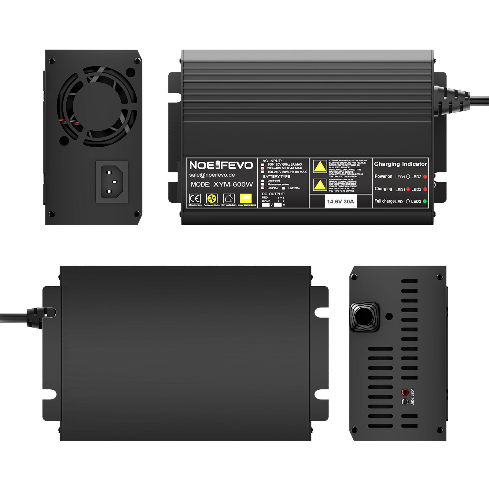 Noeifevo 12V 12.8V 30A  LiFePO4  Lithium batterie de Chargeur  , tension de charge 14.6V, activation BMS 0V, arrêt automatique, boîtier en aluminium