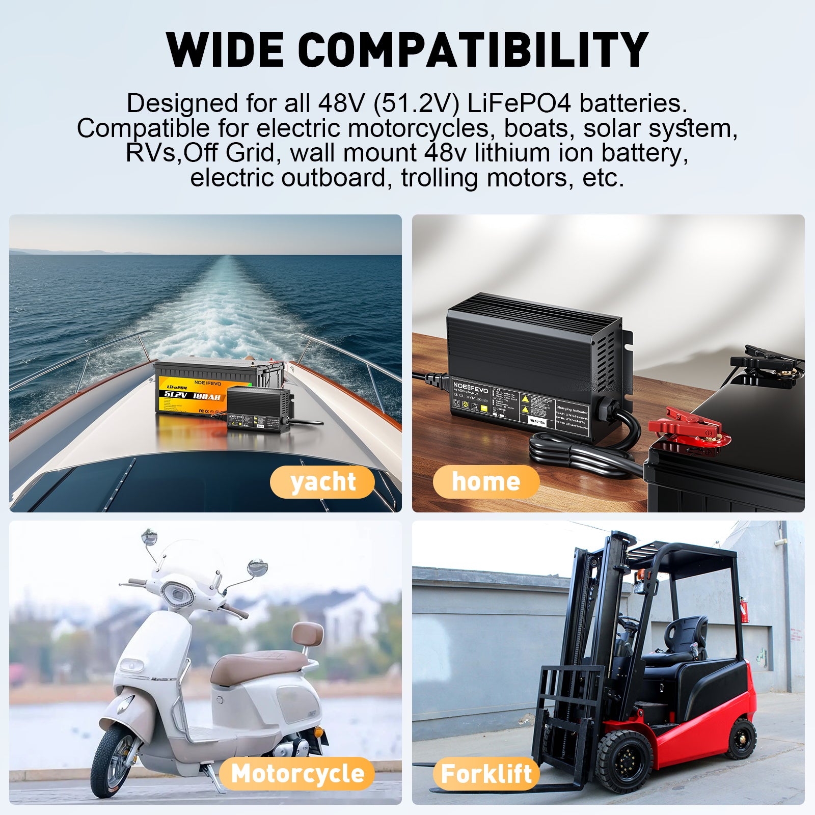  NOEIFEVO 58,4 V 10 A LiFePO4 Caricabatterie per batteria al litio 51,2 V (48 V) 16S per carrelli da golf, camper e motori elettrici da pesca