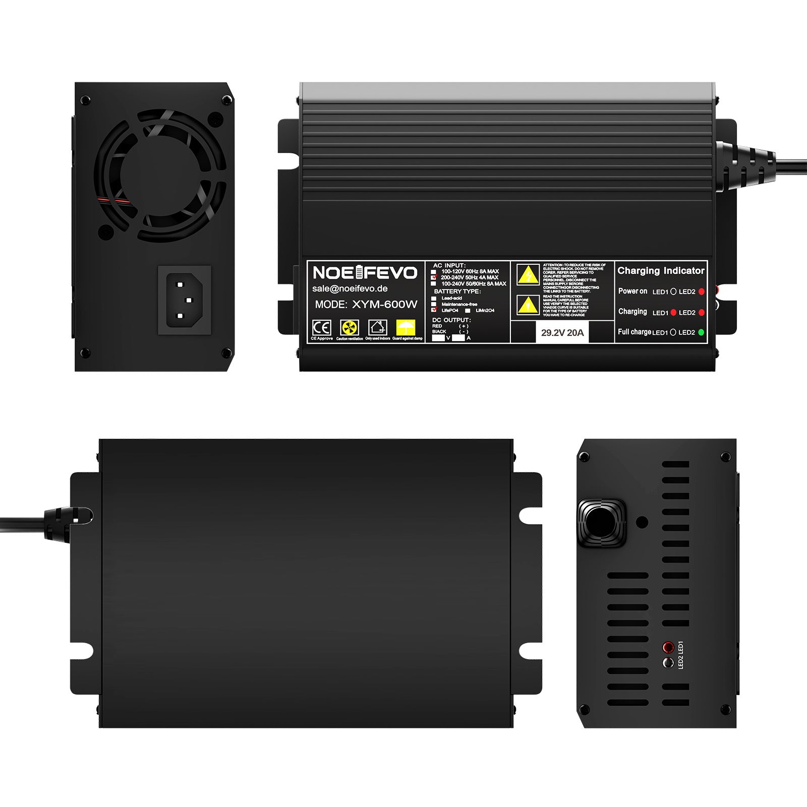 Noeifevo 29.2V 20A LiFePO4  batterie de  Chargeur pour 24V 25.6V  LiFePO4 batterie