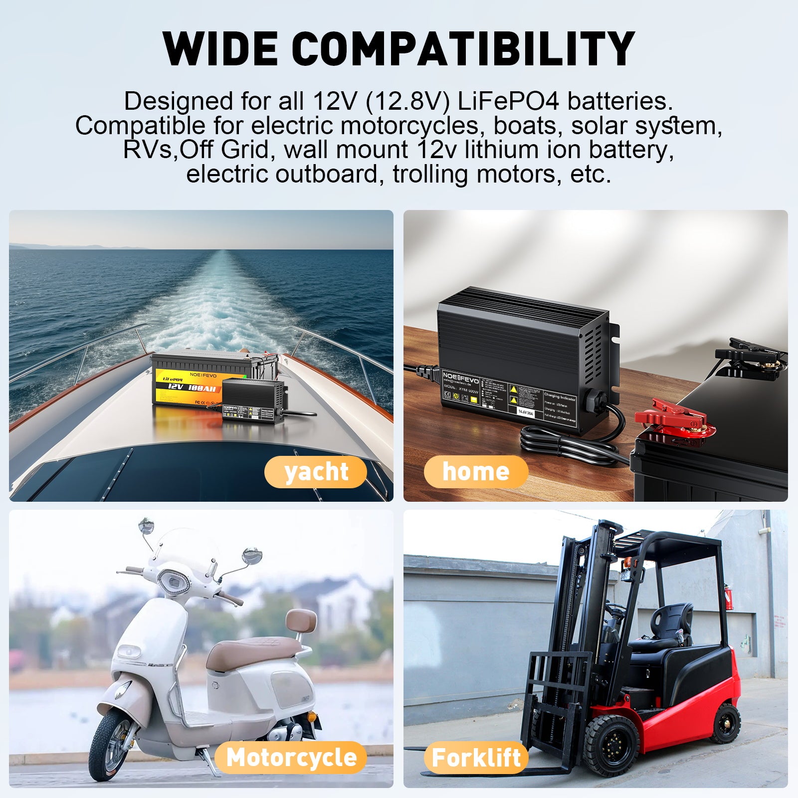 Noeifevo 12V 12.8V 30A LiFePO4  litio de batería de Cargador , voltaje de carga 14.6V, activación BMS 0V, apagado automático, carcasa de aluminio