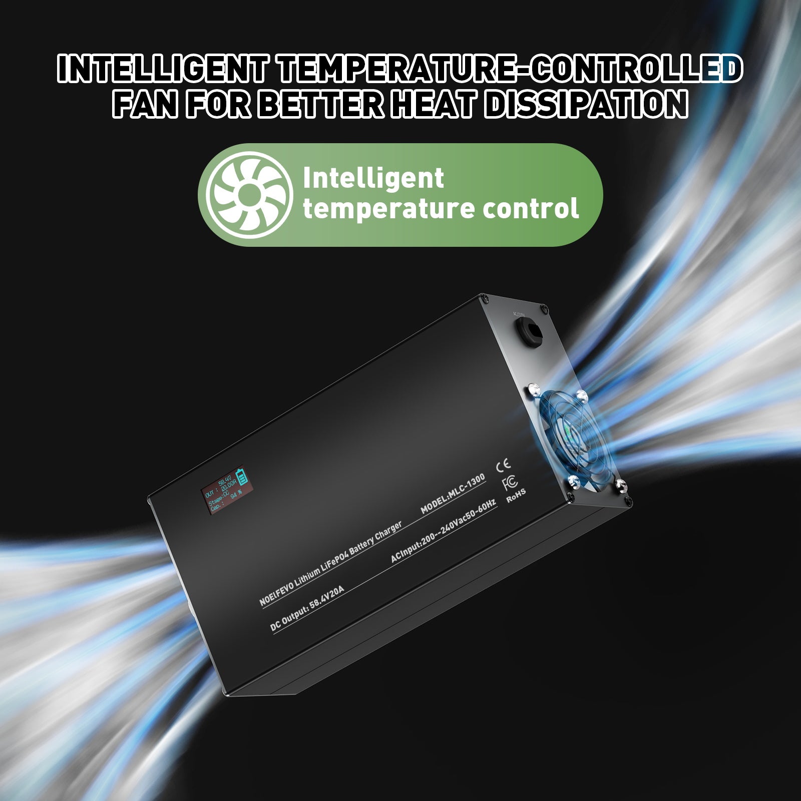 NOEIFEVO 58.4V 2-20A Lithium-LiFePO4-accu-oplader voor 51.2V 16S LiFePO4-accu, LCD-display, instelbare stroom, oplader voor golfwagens, trollingmotor, boot en campers