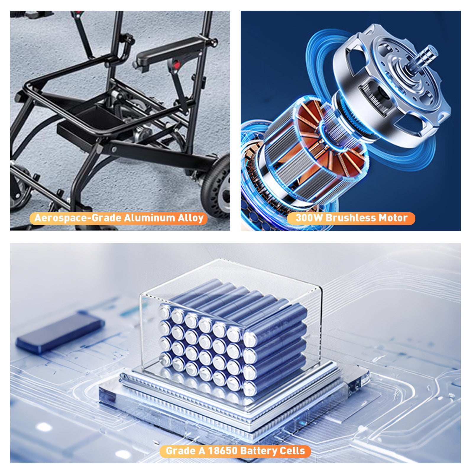 Sähköpyörätuoli – 13.6kg, 300W moottori, irrotettava litiumakku, elektromagneettinen jarru, 100kg kantavuus, kevyt sähköinen taitettava pyörätuoli, ihanteellinen matkoille & arkeen