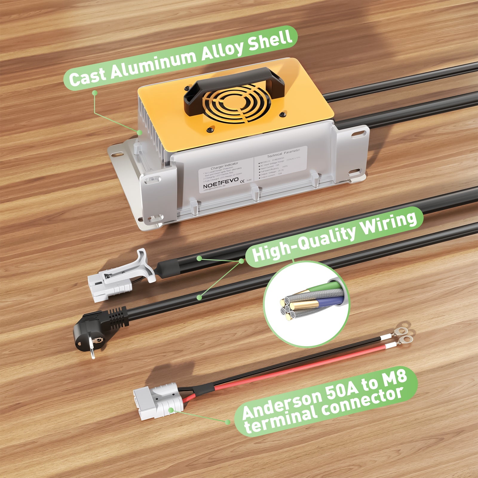 NOEIFEVO 29.2V 50A LiFePO4 batteriladdare för 24V 25.6V LiFePO4 batteri, vattentät, 0V BMS Activate