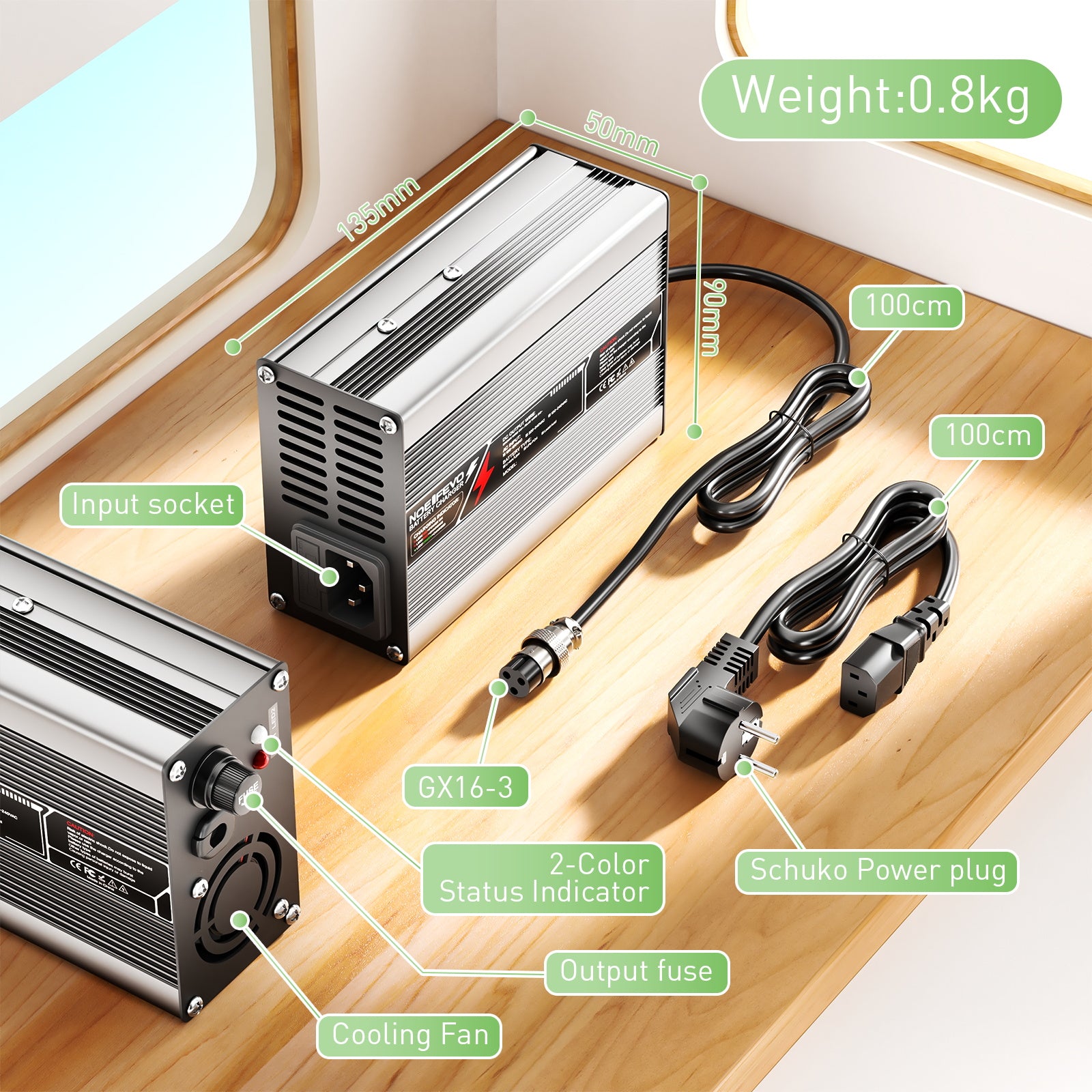 NOEIFEVO 55.2V-58.8V 3A Bly-syre batterilader til 48V Bly-syre batteri, Køleventilator, Automatisk afslukning