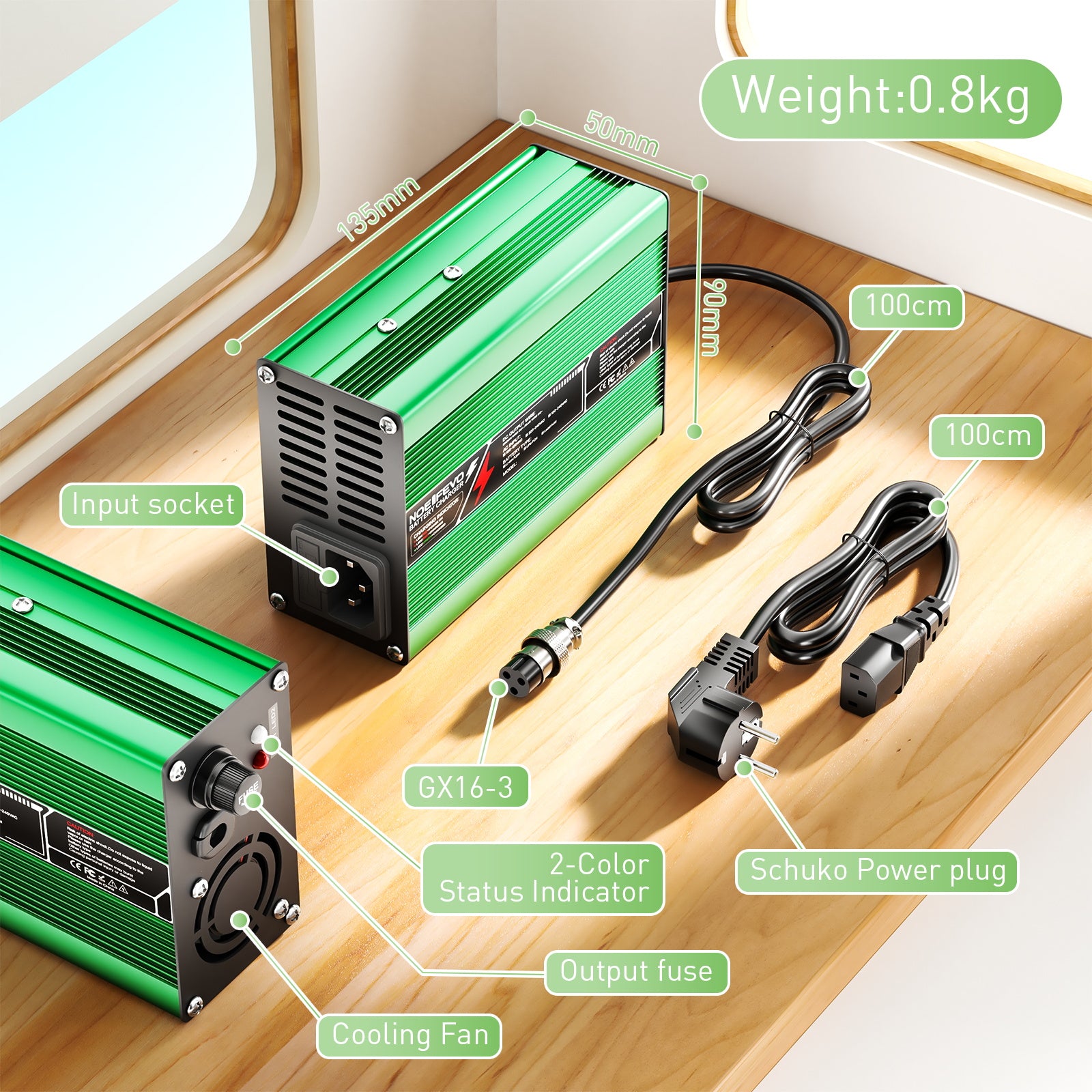 NOEIFEVO 42V 2A 3A 3.5A 4A Lithium-Ladegerät für 10S 37V Li-Ion Lipo-Batterien, Kühlventilator, automatischer Abschaltung(GREEN)