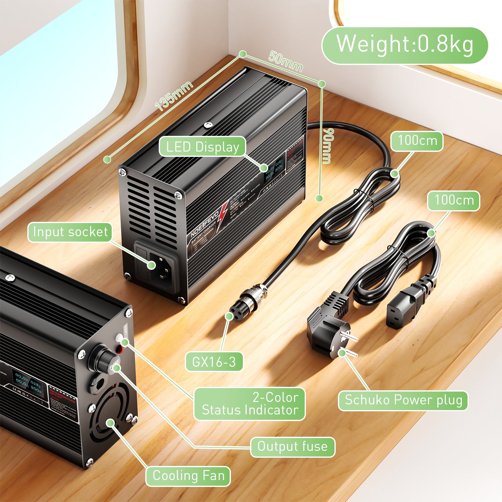 NOEIFEVO 54.6V 2A 2.5A 3A  lithium nabíječka pro 13S 48.1V Li-Ion Lipo baterie, chladicí ventilátor, automatické vypnutí (ČERNÁ)