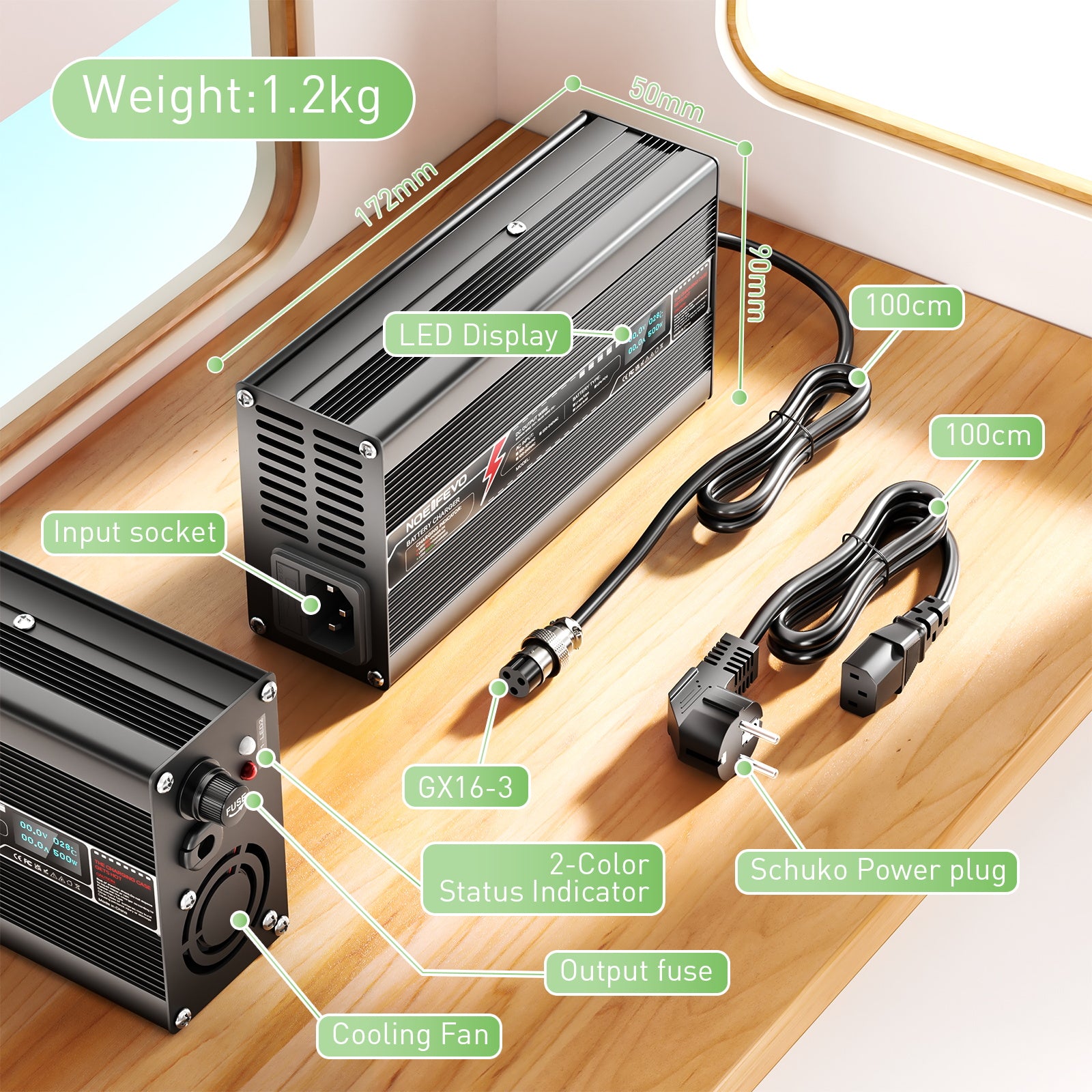 NOEIFEVO 71.4V 6A Cargador de Litio para Batería 17S 62.9V, Pantalla LED, Caja de Aluminio, Ventilador