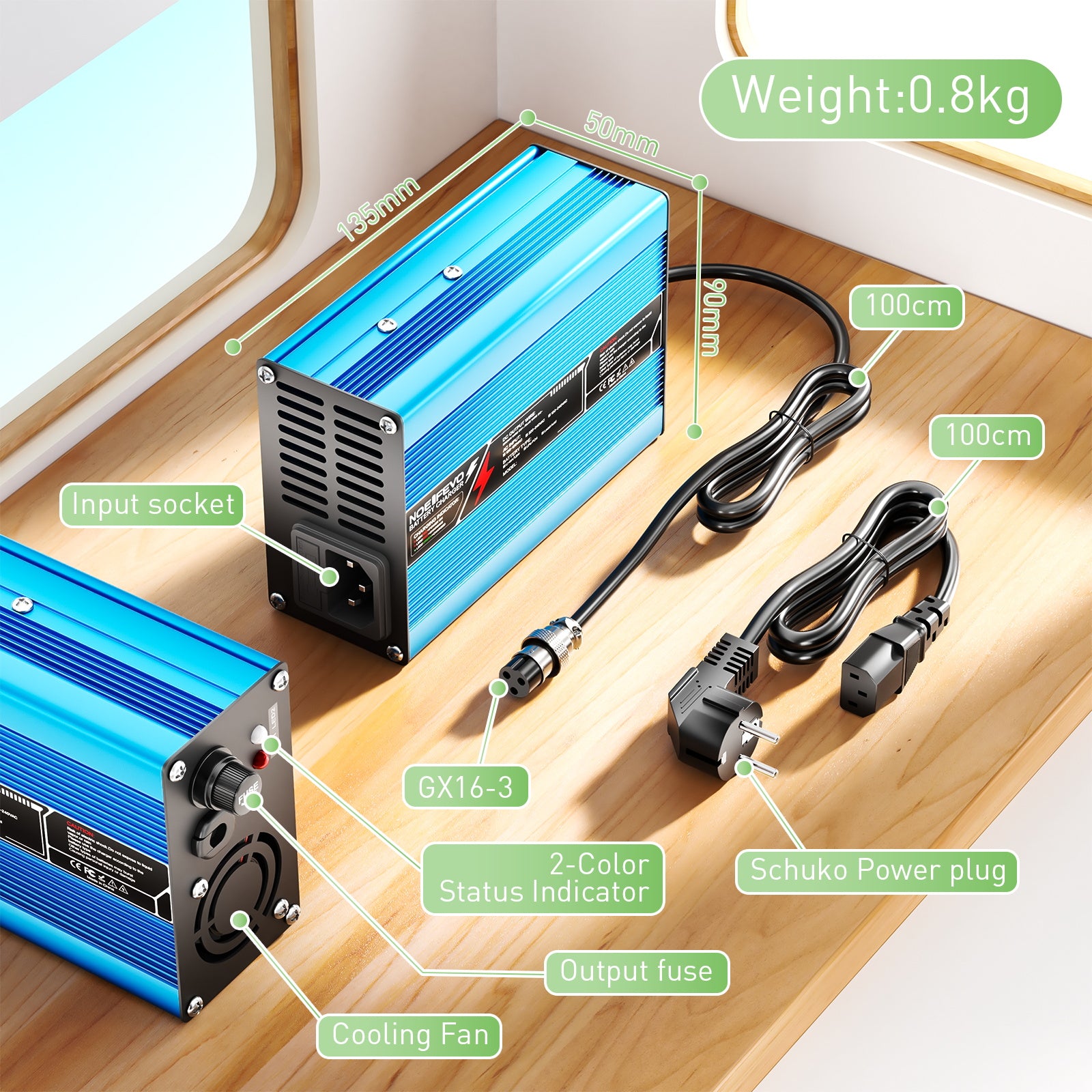 NOEIFEVO 27.6V-29.4V 5A chargeur de batterie au plomb pour batterie au plomb 24V, ventilateur de refroidissement, arrêt automatique (BLEU)