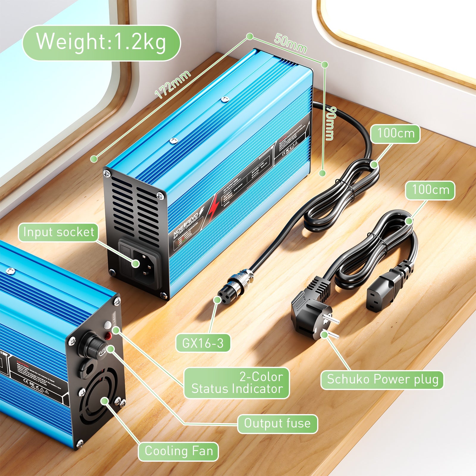 NOEIFEVO 42V 10A 10S Lithium-Batterieladegerät, für 10S 37V Li-Ion Batterie, automatische Abschaltung, Aluminiumgehäuse, mit Lüfter(blau)