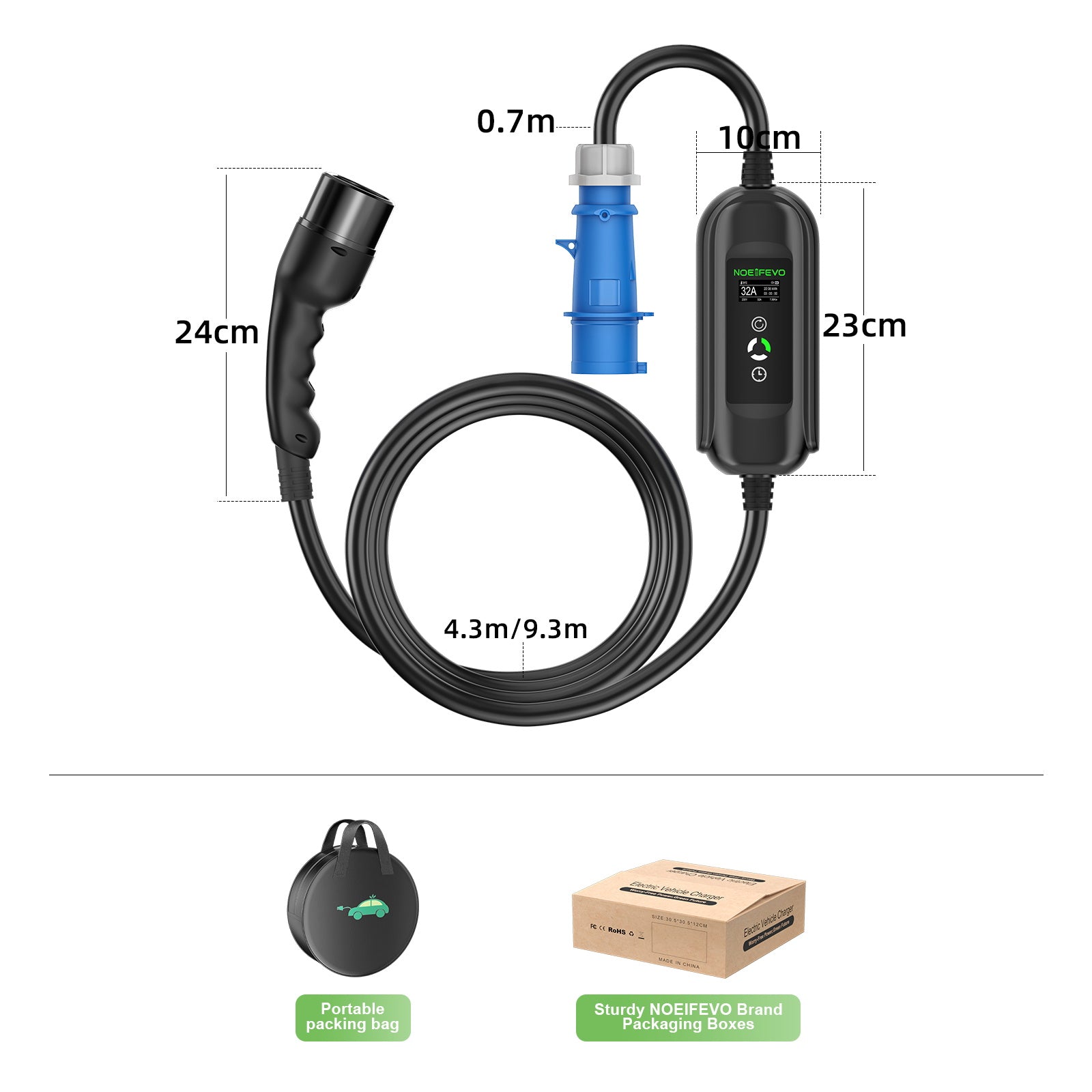 NOEIFEVO 7.2KW EV Charging Cable, Type 2 32A 1 Phase EV Charger, Mobile EVSE Charging Station with CEE Blue Plug