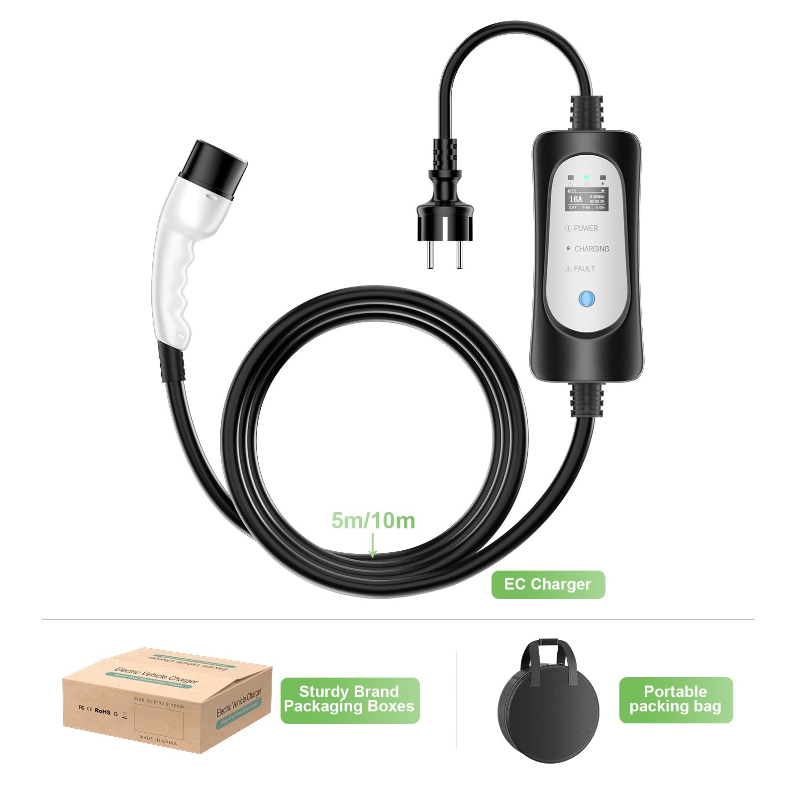 Portable Type2 3.7KW 16A EV Charger, 5 Meters Mobile EV Charging Cable with Schuko