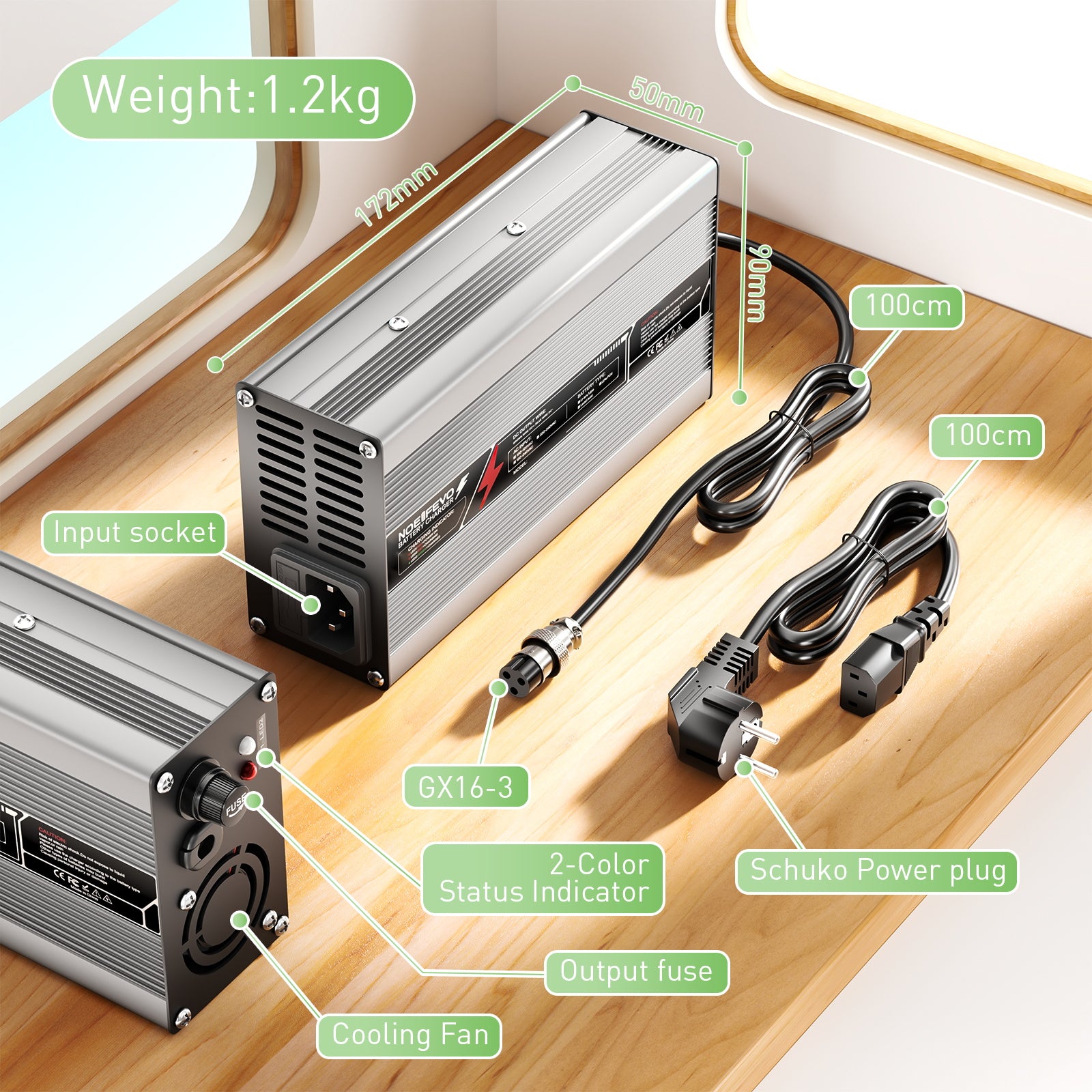 NOEIFEVO 14.6V 20A מטען סוללות LiFePO4 עבור סוללת 12V (12.8V) 4S, כיבוי אוטומטי, גוף מאלומיניום, עם מאוורר (כסף)