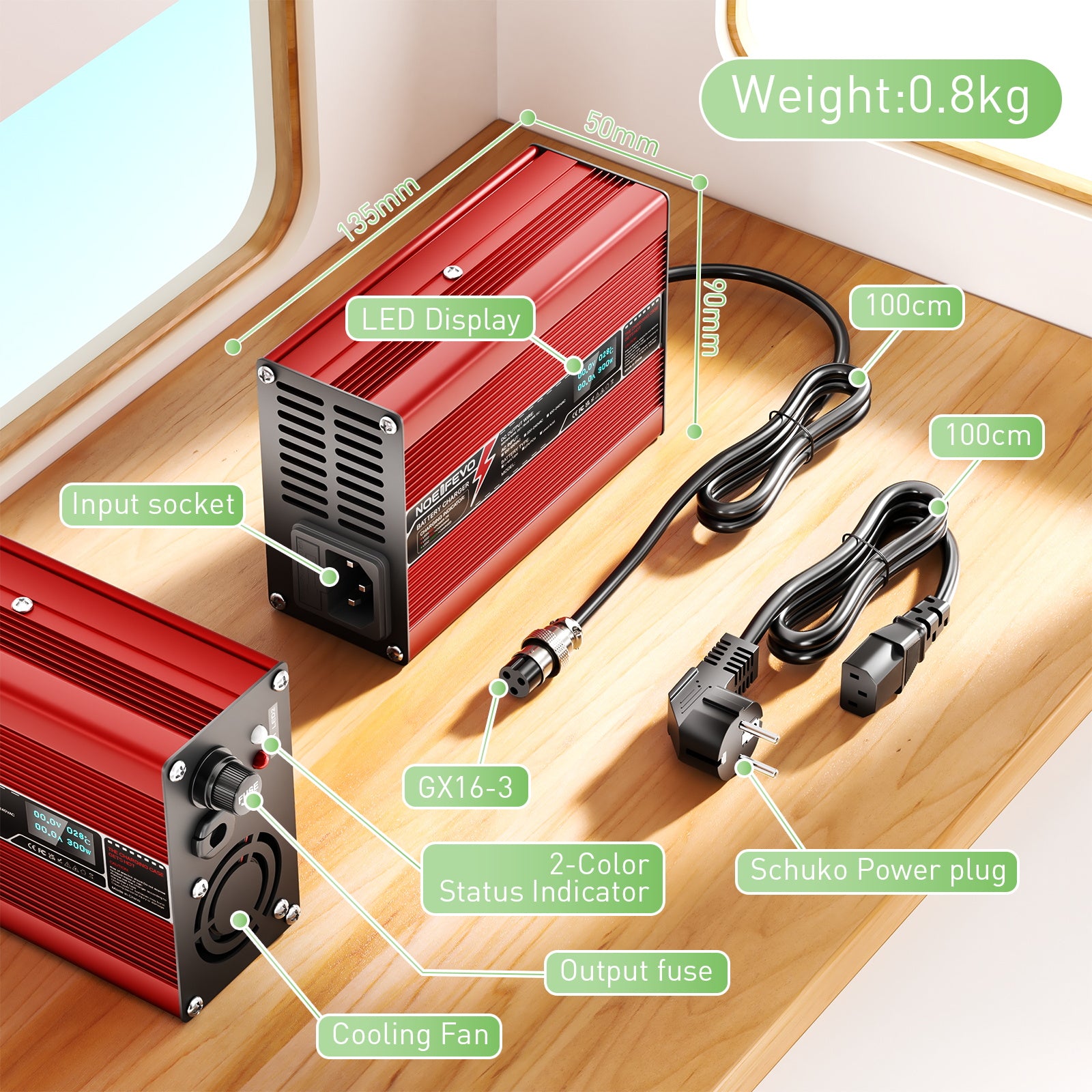 NOEIFEVO 16.8V 5A 6A 7A 8A 10A Lithium-lader til 4S 14.8V Li-Ion Lipo-batterier, med LCD-skærm, kølepust, automatisk afbrydelse (RØD).