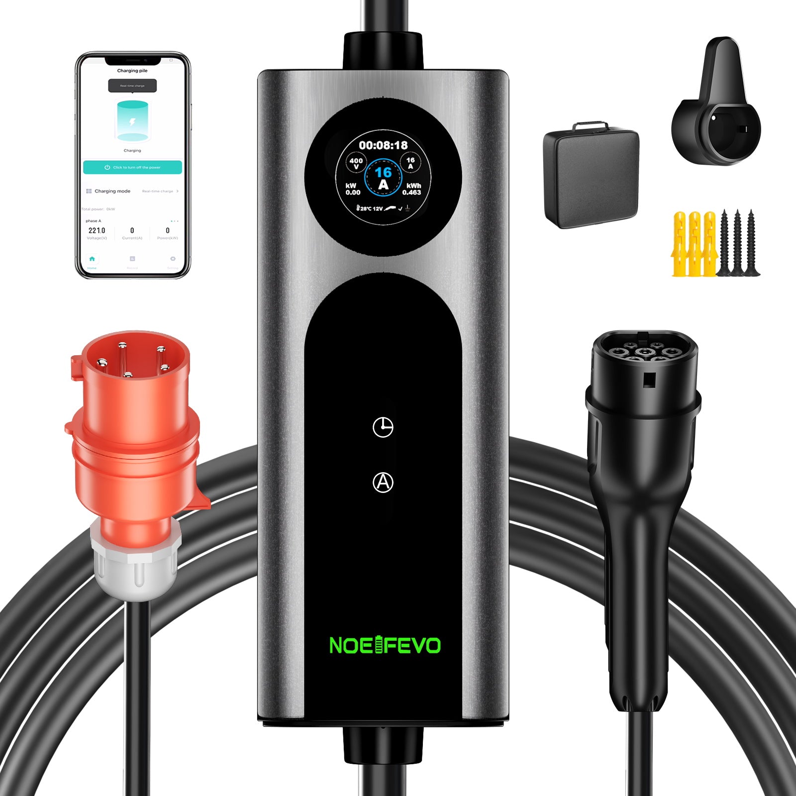 Noeifevo Wallbox EV Móvel Tipo 2, Carregador EV 11KW 3-fases CEE16A com Potência de Carga Ajustável, Cabo de Carregamento EV de 5m/10m/15m para Model Y/3, ID.3/4/5, MG4, EX30, e-up, e-tron, Zoe e outros veículos elétricos.
