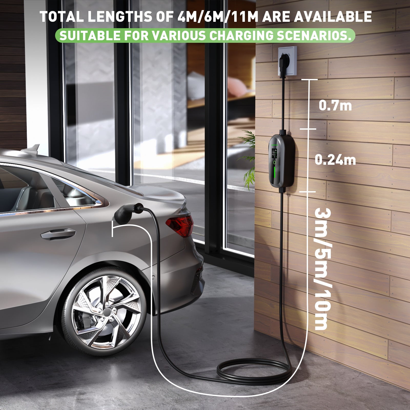 NOEIFEVO Typ 2 Ladekabel Schuko 3,7kW - 4m/6m/11m |6-16A|1-phasig Tragbare EV Ladegerät IP65 Wasserdicht mit LCD-Anzeige, Einstellbarer Ladeleistung, Einstellung Startzeit, für Allen EVs(IEC 62196-2) & PHEVS