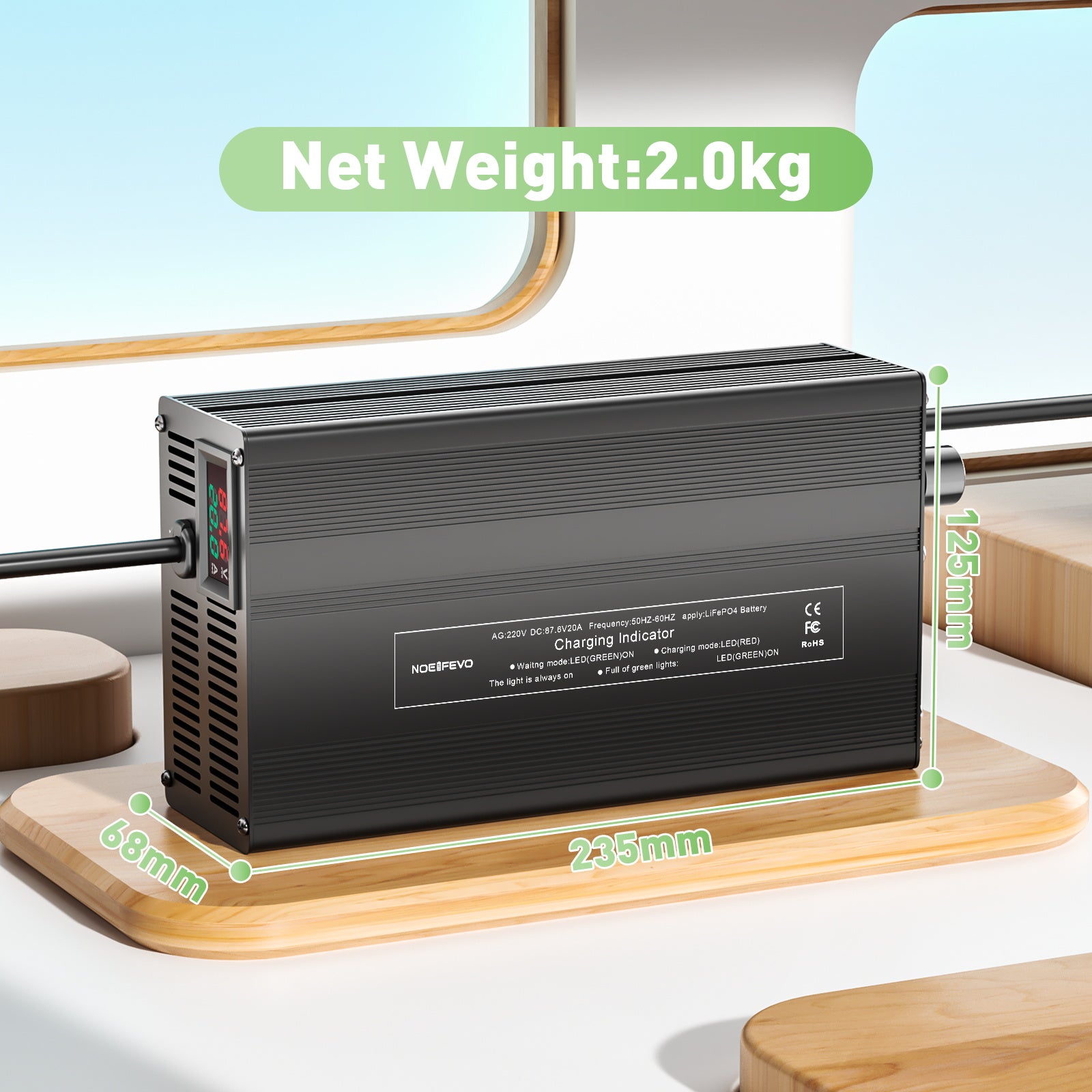 NOEIFEVO 87.6V 20A Chargeur de batterie Lithium-LiFePO4 pour batterie LiFePO4 76.8V 24S, affichage LCD, courant réglable, chargeur pour moteur de traîne, bateau et camping-cars