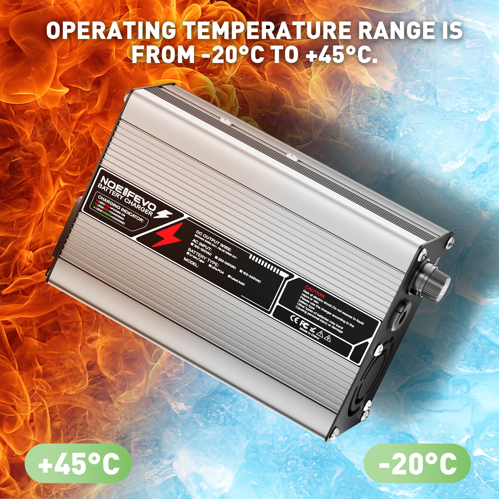 NOEIFEVO 14,6V 10A LiFePO4-batterioplader til 4S 12V 12,8V LiFePO4-batterier, køleventilator, automatisk slukning