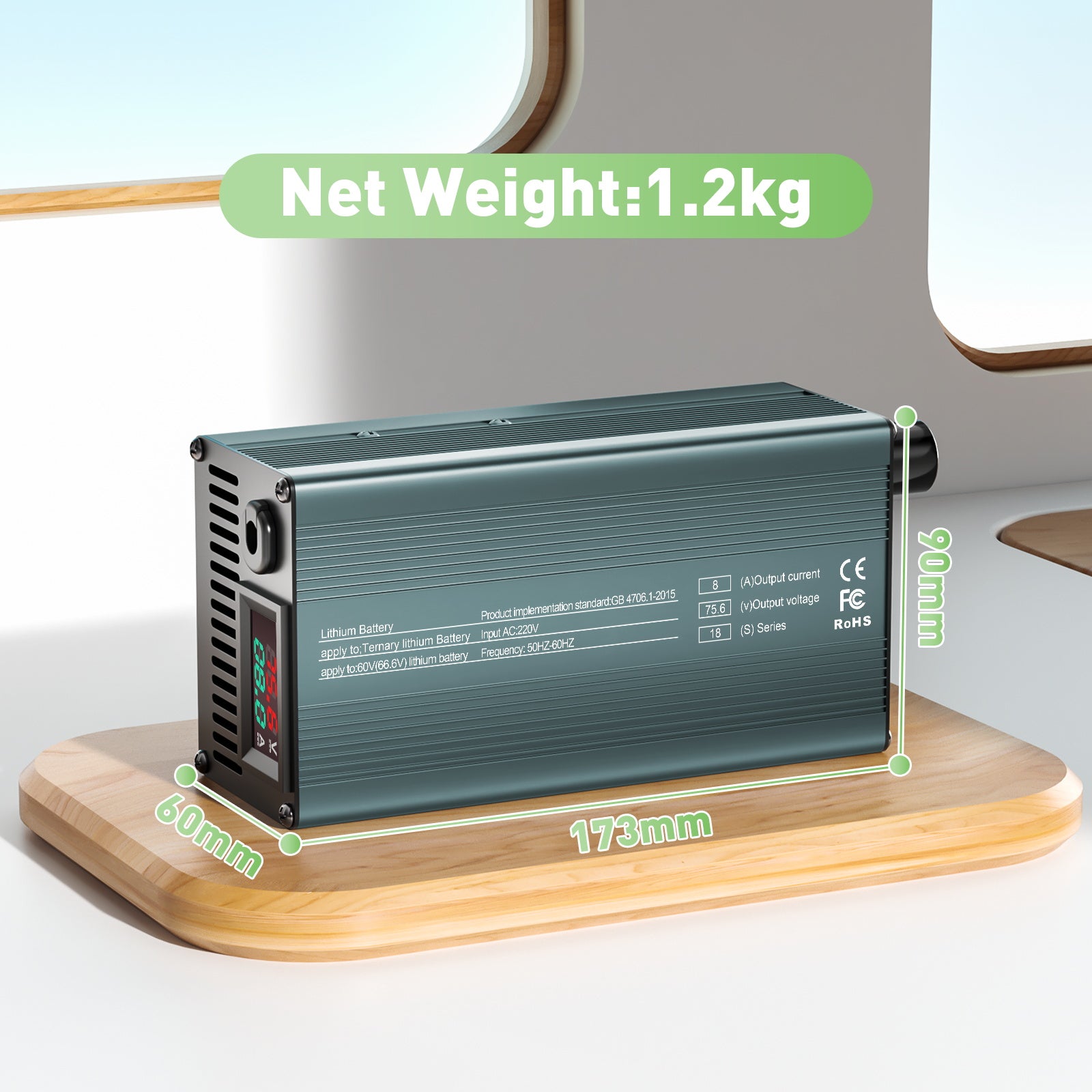 NOEIFEVO 75,6V 8A Chargeur de batterie lithium 18S pour batteries Li-Ion 18S 66,6V, réglage du courant de 1 à 8A, charge lente et charge rapide (MLC1300)