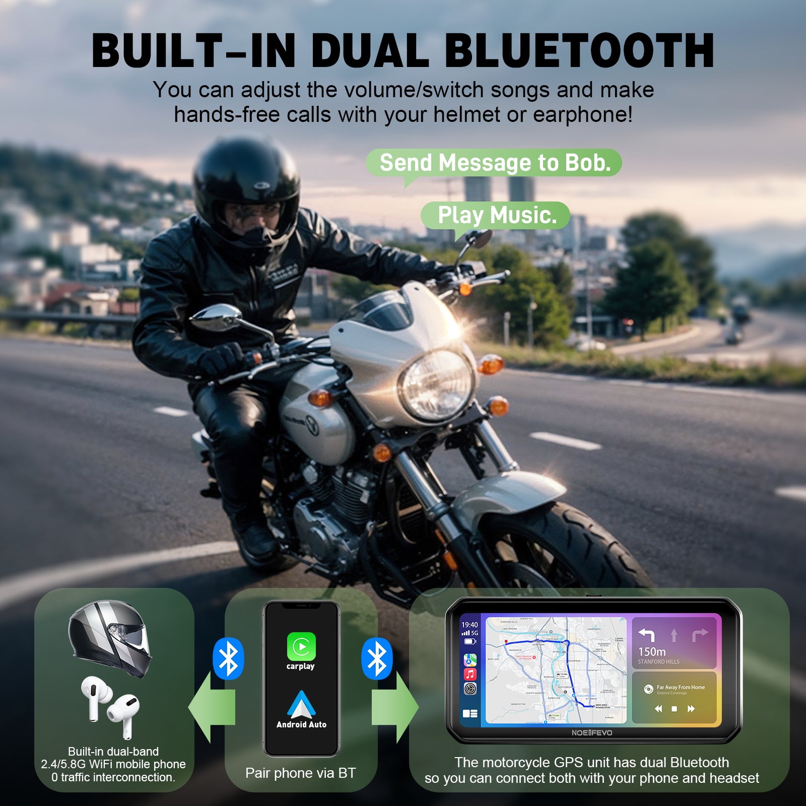 NOEIFEVO MT9B Motorcykel-Carplay-skärm med dödvinkelvarningsfunktion, trådlös CarPlay och Android Auto, bärbar vattentät 6,3-tums pekskärm, förbättrad dubbel Bluetooth, navigation
