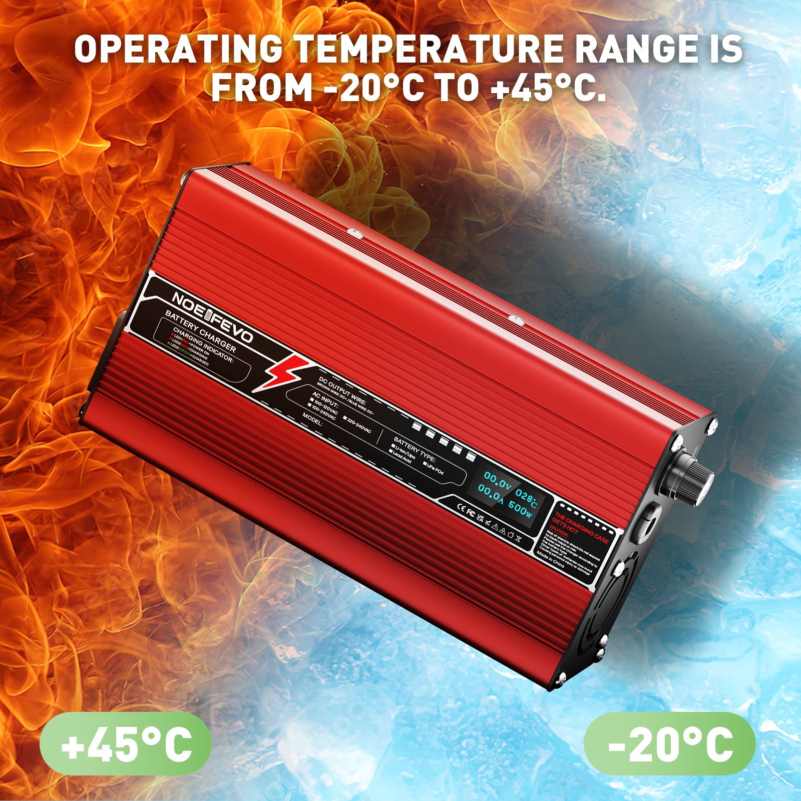 NOEIFEVO 36.5V 10A LiFePO4-batterijlader voor 32V 10S LiFePO4-batterijen, automatische uitschakeling, OLED-display, aluminium behuizing, met ventilator