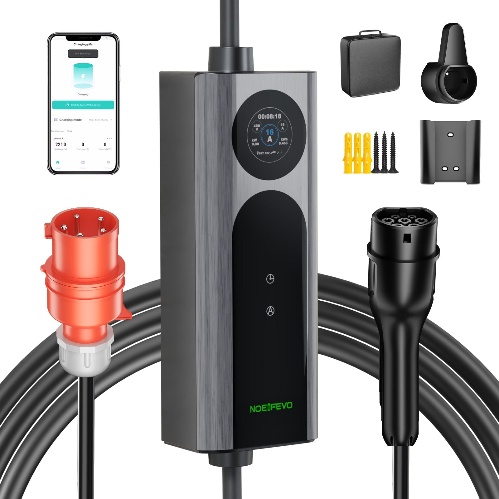 NOEIFEVO Q21W Wlan Chargeur de voiture électrique Wallbox mobile 11kW avec télécommande APP ,5m/10m Câble de charge Type2 CEE16A triphasé 