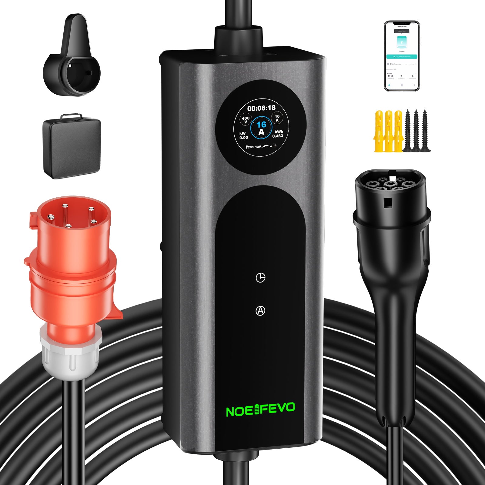 Noeifevo Wallbox EV Mobile Type 2, Chargeur EV 11KW 3-phases CEE16A avec Puissance de Charge Ajustable, Câble de Charge EV de 5m/10m/15m pour Model Y/3, ID.3/4/5, MG4, EX30, e-up, e-tron, Zoe et autres véhicules électriques.
