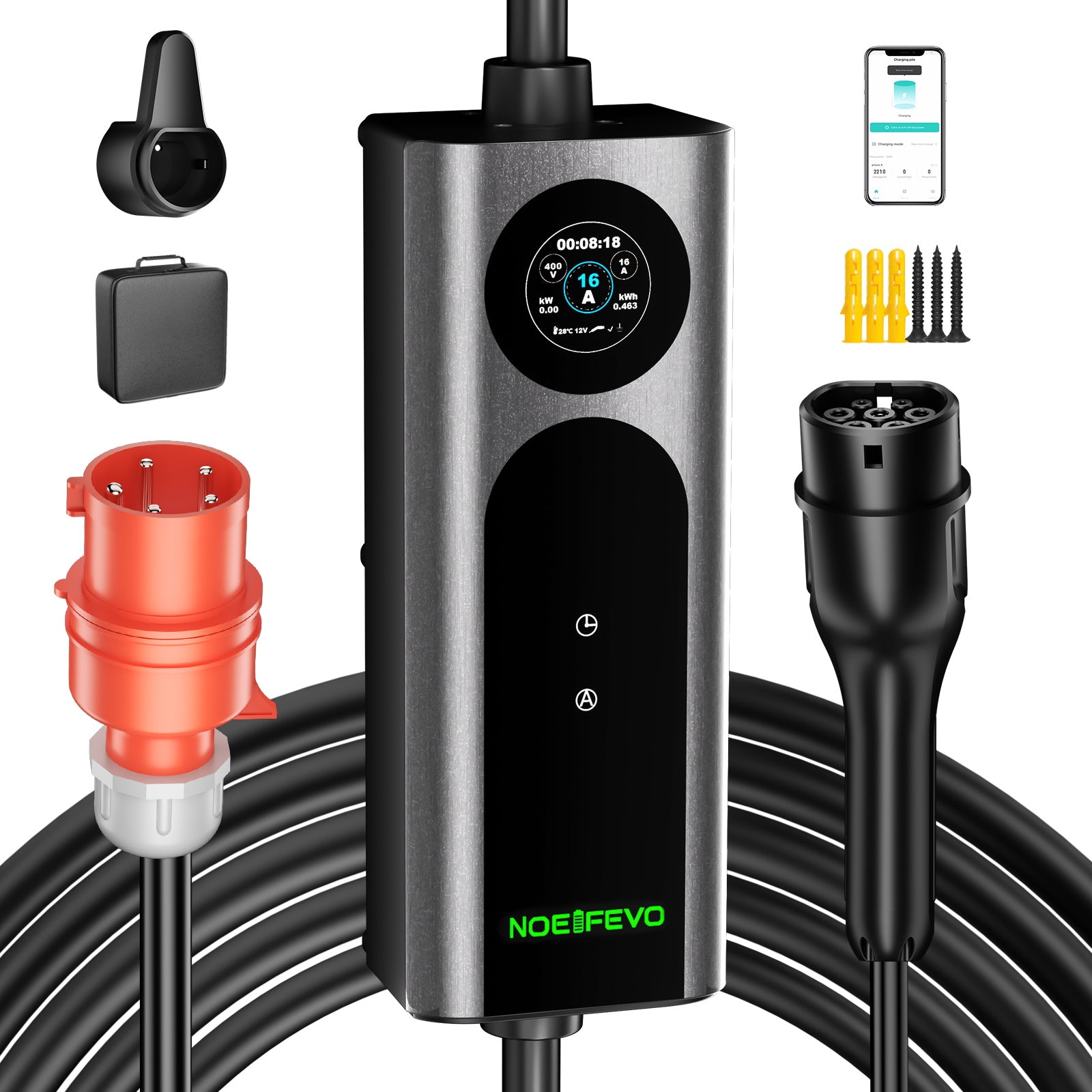 NOEIFEVO Q21W Wlan carregador de carro elétrico móvel Wallbox 11kW com controlo remoto APP, cabo de carregamento trifásico 5m/10m Tipo2 CEE16A 