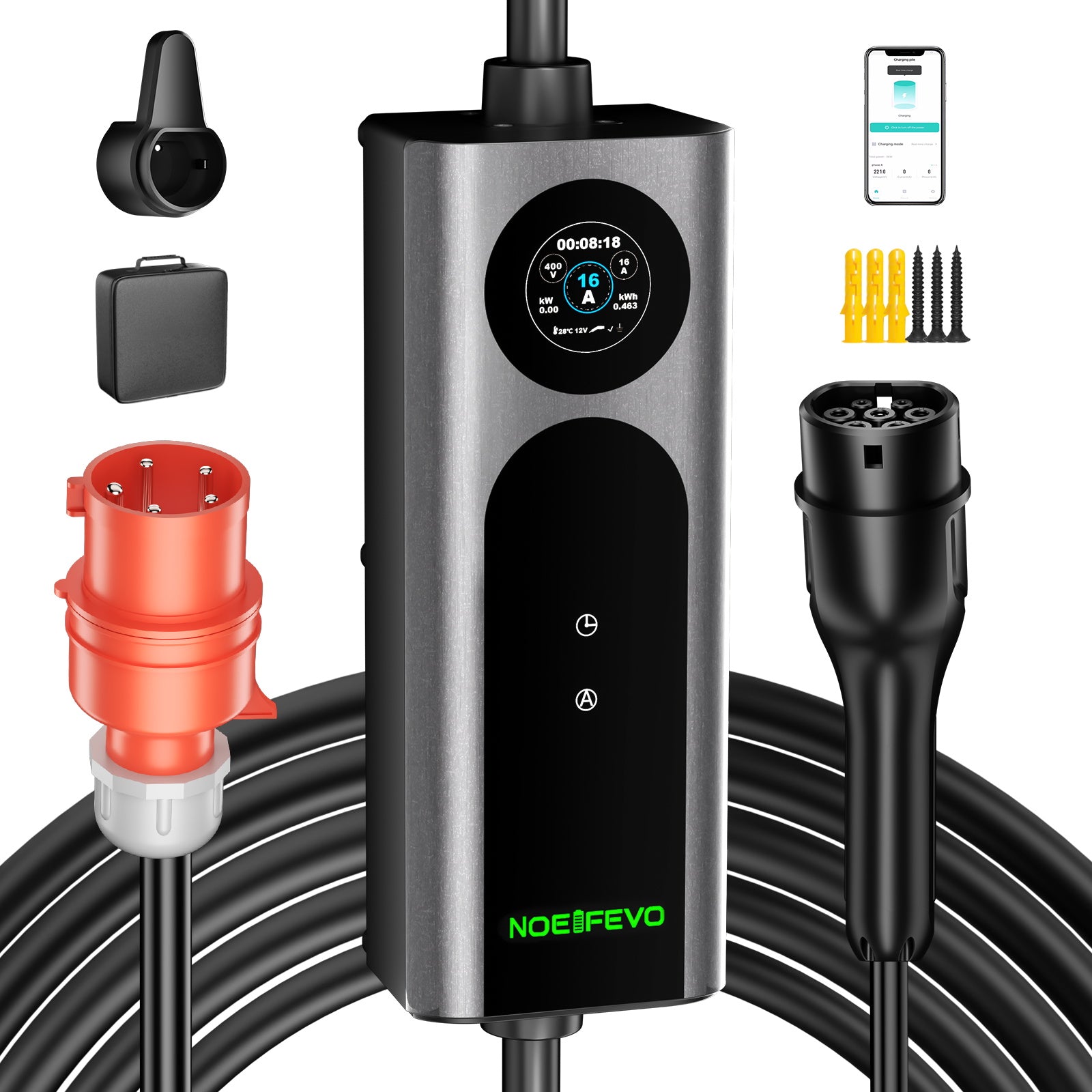 Noeifevo Wallbox EV Mobile Type 2, Chargeur EV 11KW 3-phases CEE16A avec Puissance de Charge Ajustable, Câble de Charge EV de 5m/10m/15m pour Model Y/3, ID.3/4/5, MG4, EX30, e-up, e-tron, Zoe et autres véhicules électriques.
