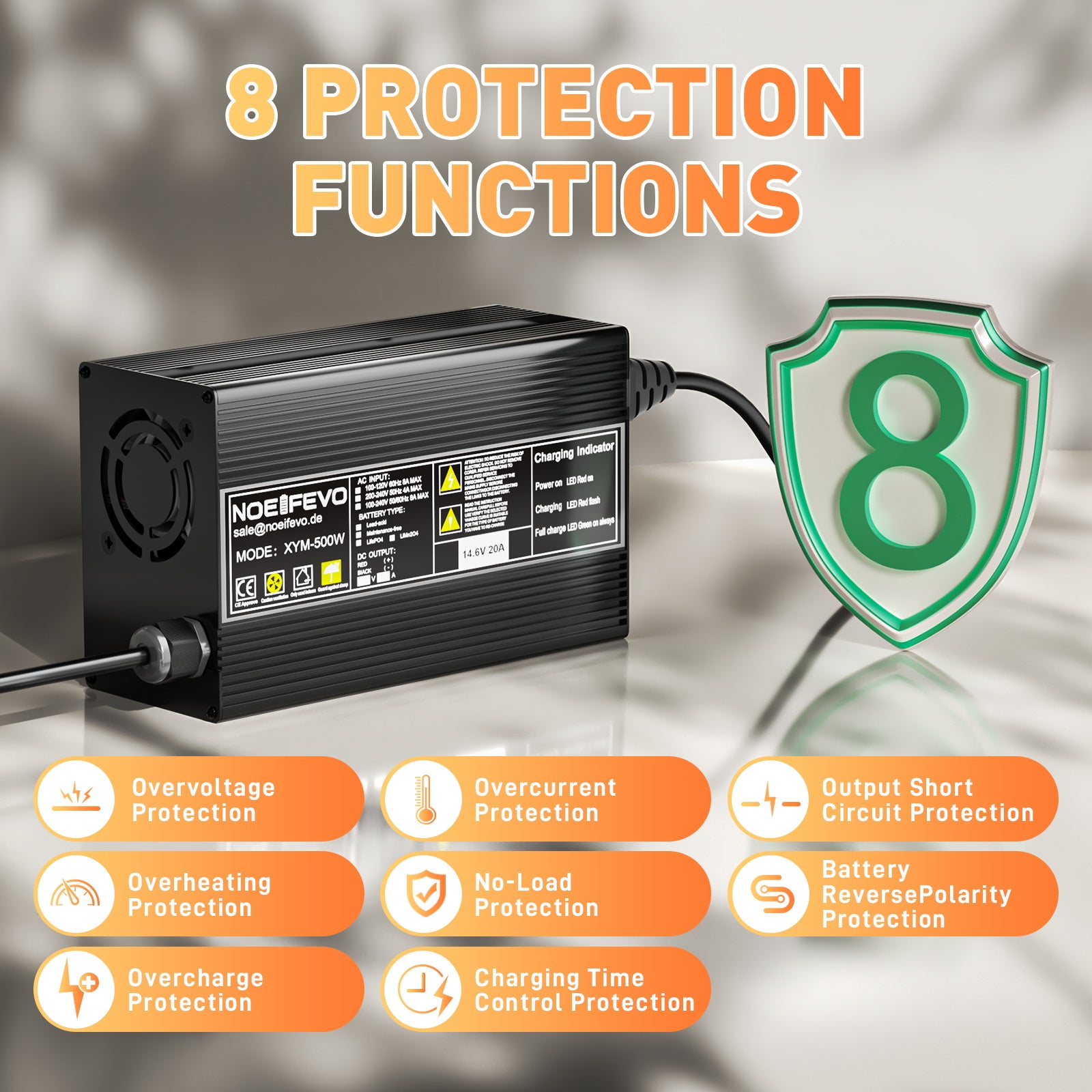 Noeifevo 14,6V 20A LiFePO4 batterilader for 12V 12,8V LiFePO4 litiumbatteri, 0V BMS Activate, Automatisk avstenging, Aluminiumslegeringshus
​