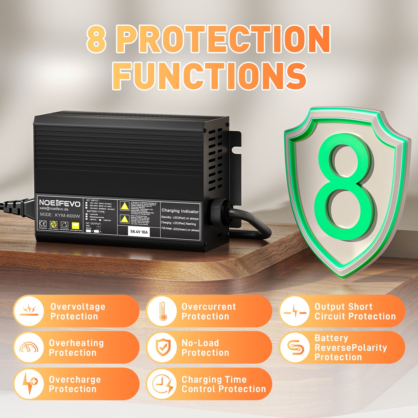  NOEIFEVO 58,4 V 10 A LiFePO4 Caricabatterie per batteria al litio 51,2 V (48 V) 16S per carrelli da golf, camper e motori elettrici da pesca
