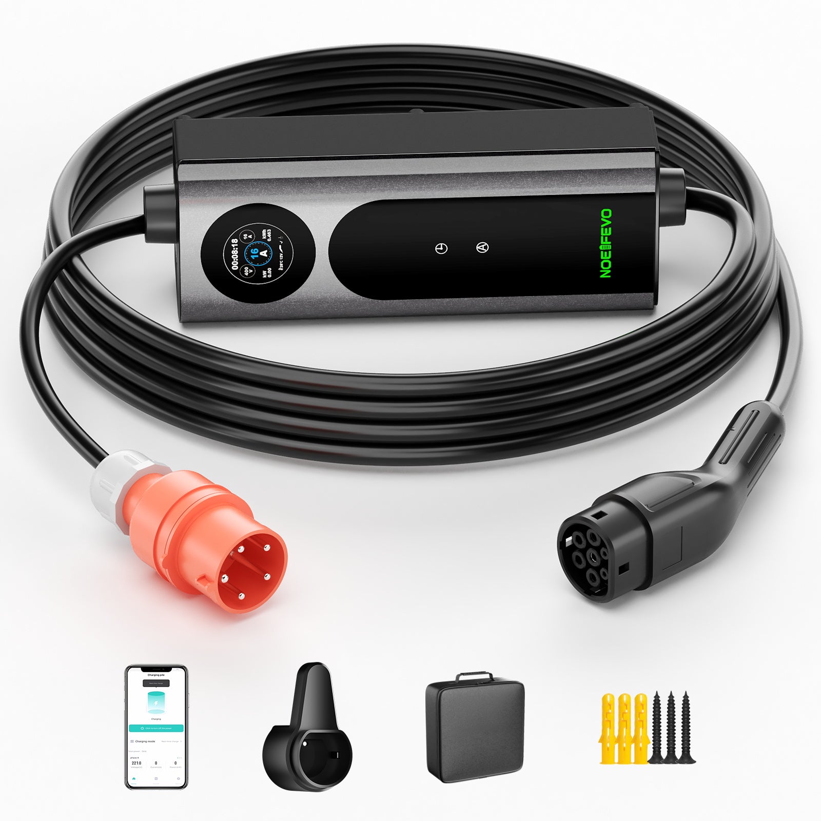 NOEIFEVO Wallbox mobile 11kW avec appli [5m/10m | triphasé | 6–16 A], câble de recharge pour voiture CEE-16A 400V vers Type 2 avec puissance de charge réglable, chargeur EV pour ID.3/4/5/7, IX1, Model 3/Y et autres BEV/PHEV