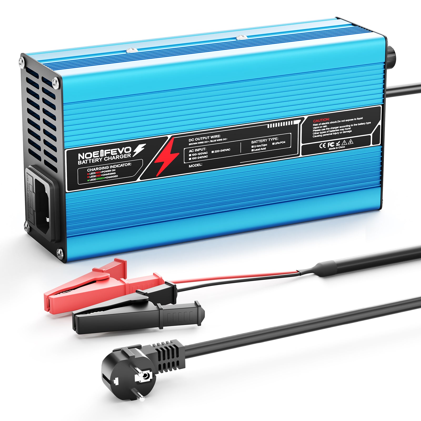 NOEIFEVO 12V 20A Chargeur de batterie au plomb-acide, tension de charge 13,8V-14,7V, arrêt automatique, boîtier en aluminium, avec ventilateur (bleu)