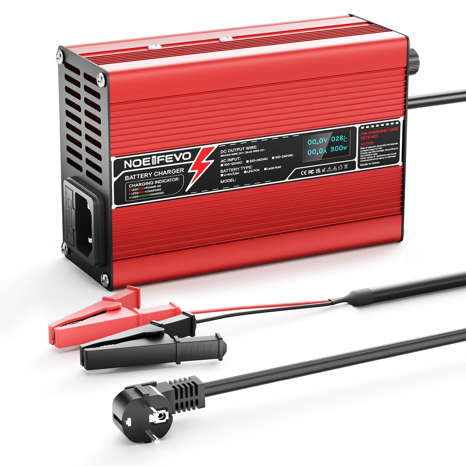 NOEIFEVO Caricabatterie al Litio 12,6V 10A per Batterie Li-Ion Lipo 3S 11,1V, Ventola di Raffreddamento, Spegnimento Automatico (ROSSO)