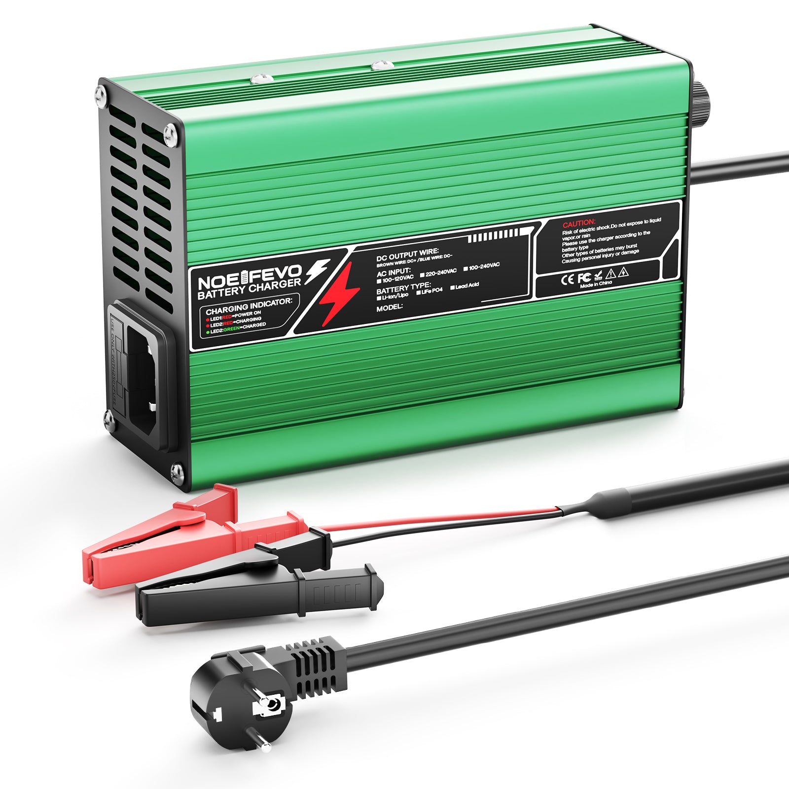 מטען ליתיום NOEIFEVO 33.6V2A 3A 4A 5A עבור סוללות 8S 29.6V Li-Ion Lipo, מאוורר קירור, כיבוי אוטומטי (ירוק).