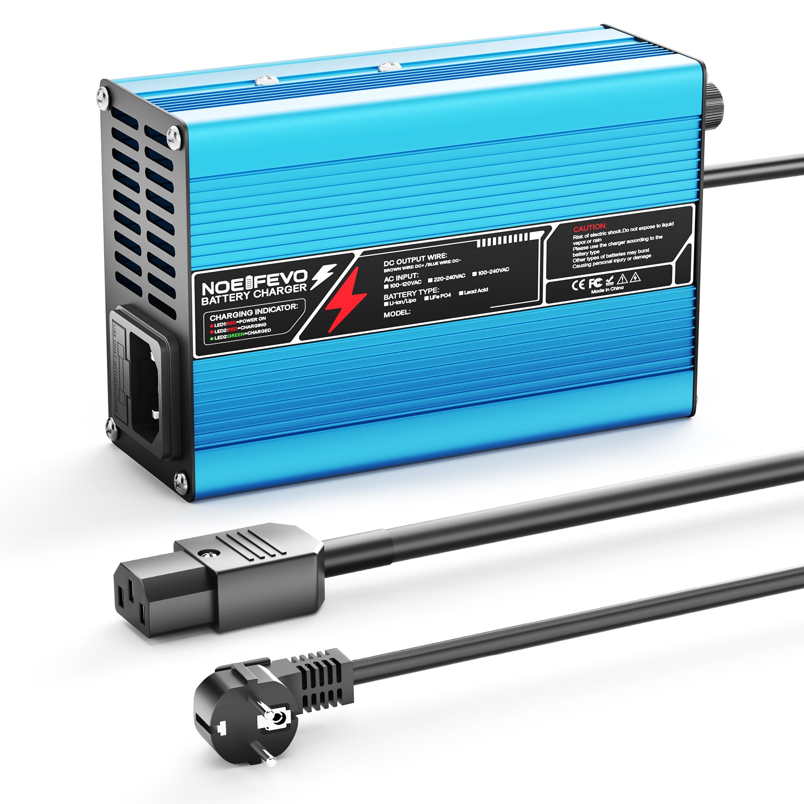 Cargador de litio NOEIFEVO 33.6V 2A 3A 4A 5A para baterías Li-Ion Lipo 8S 29.6V, ventilador de enfriamiento, apagado automático (AZUL)