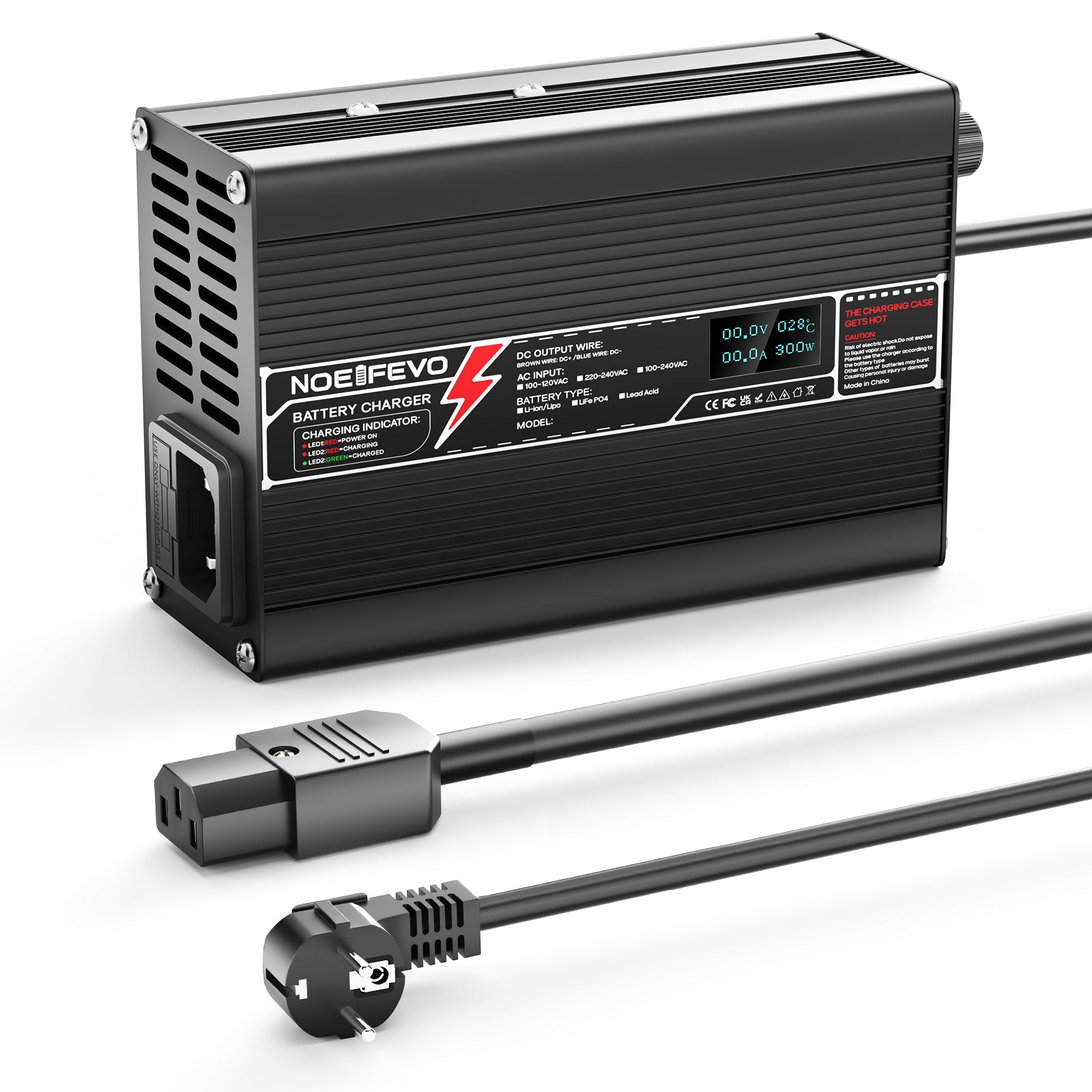 NOEIFEVO 50.4V 2.5A Carregador de lítio para baterias 12S 44.4V Li-Ion Lipo, com display LCD, ventilador de resfriamento, desligamento automático.