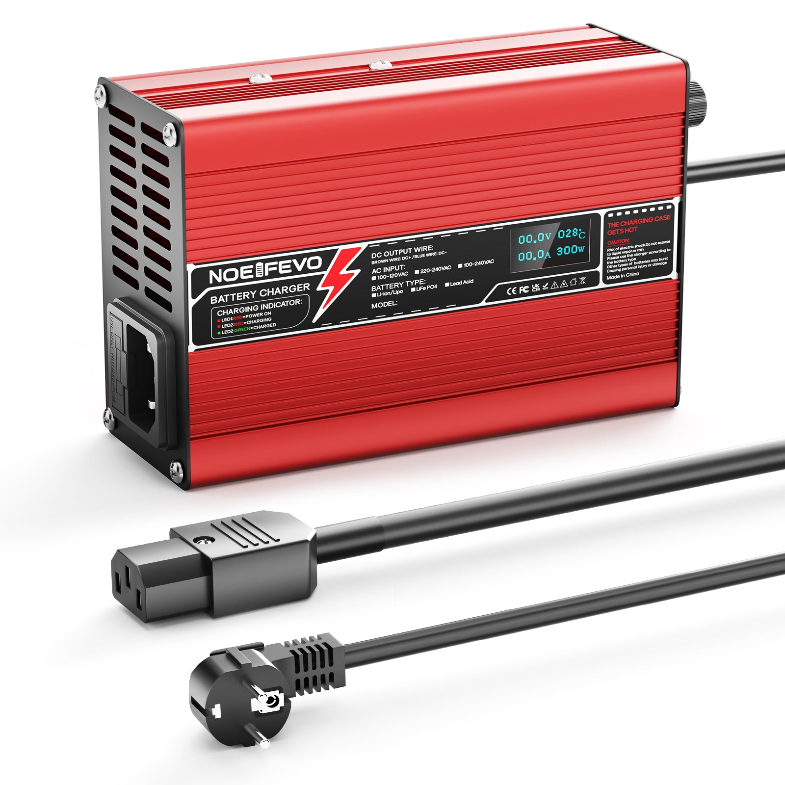 NOEIFEVO 13.8V-14.7V 8A Loodzuur Batterijlader voor 12V Loodzuur Batterij, Koelventilator, Automatische Uitschakeling (ROOD)
