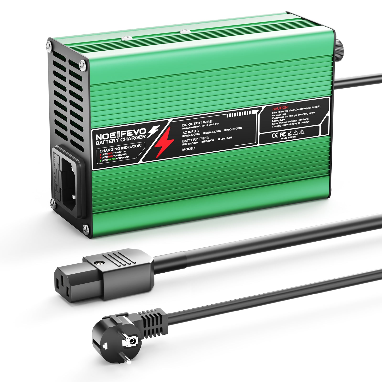 מטען ליתיום NOEIFEVO 33.6V2A 3A 4A 5A עבור סוללות 8S 29.6V Li-Ion Lipo, מאוורר קירור, כיבוי אוטומטי (ירוק).