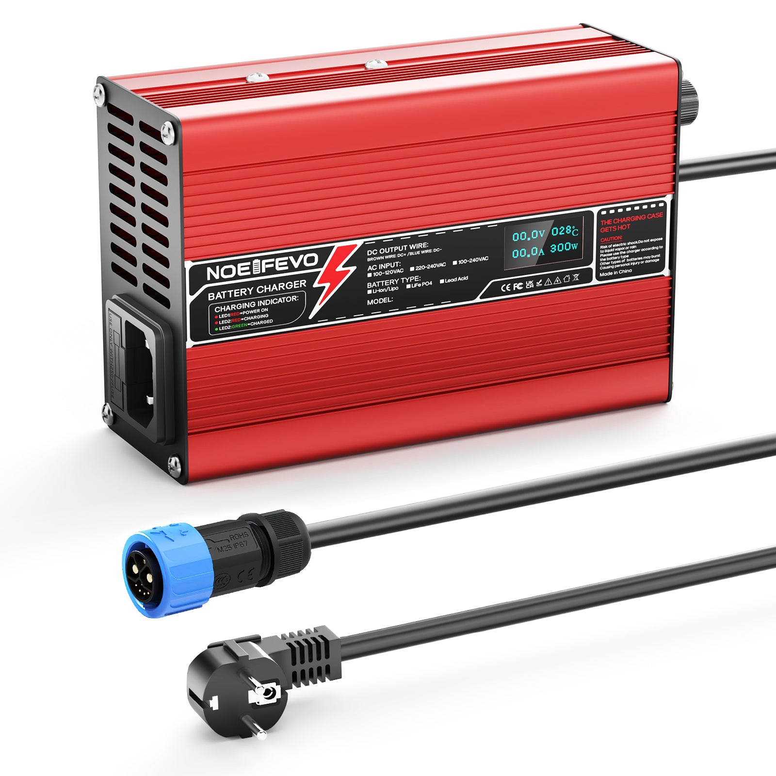 NOEIFEVO 54.6V 2A 2.5A 3A Caricabatterie al litio per batterie 13S 48.1V Li-Ion Lipo, con ventola di raffreddamento, spegnimento automatico (ROSSO)