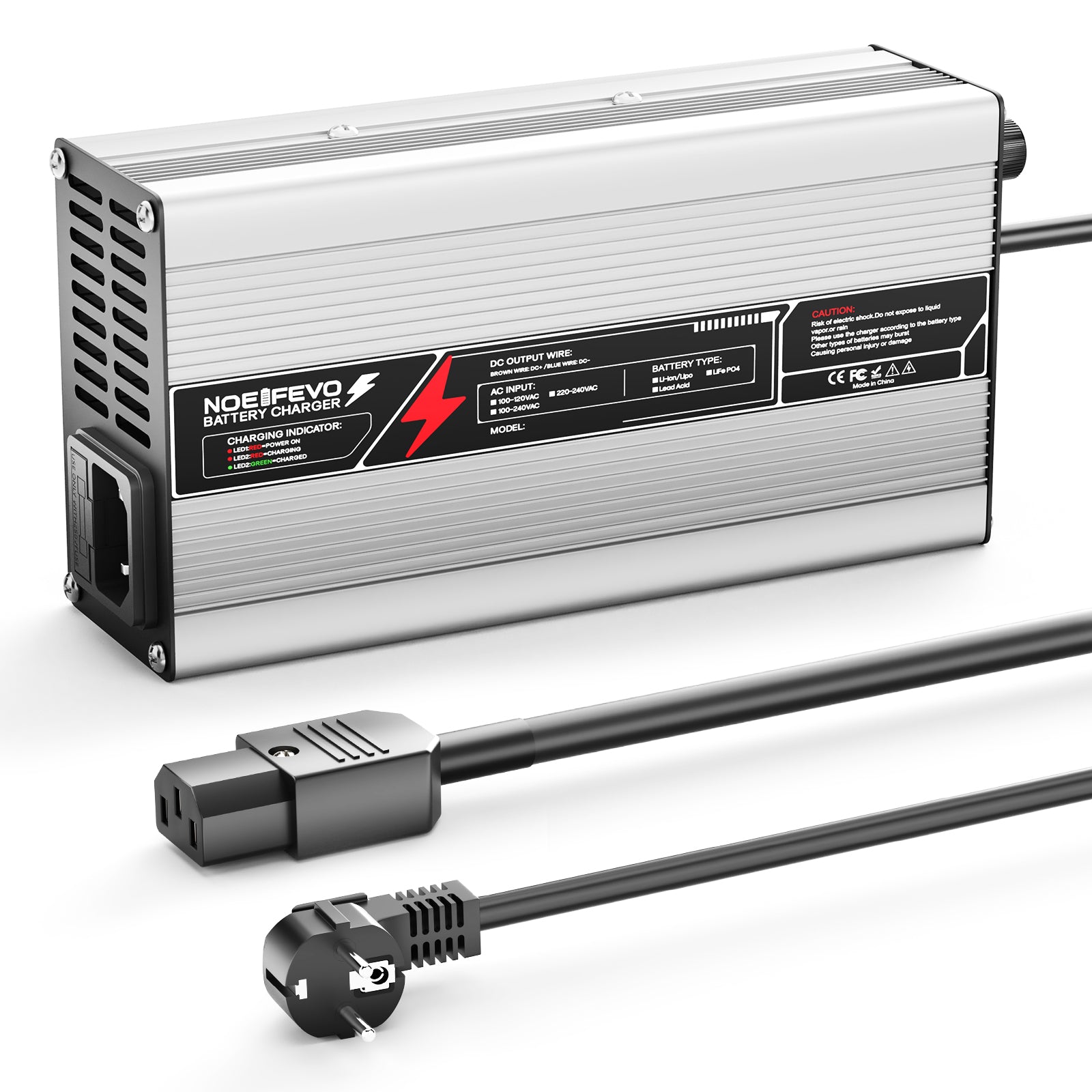 NOEIFEVO Chargeur de batterie au lithium 79,8 V 5 A pour batterie 70,2 V 19S Arrêt automatique Boîtier en aluminium avec ventilateur (Argent)