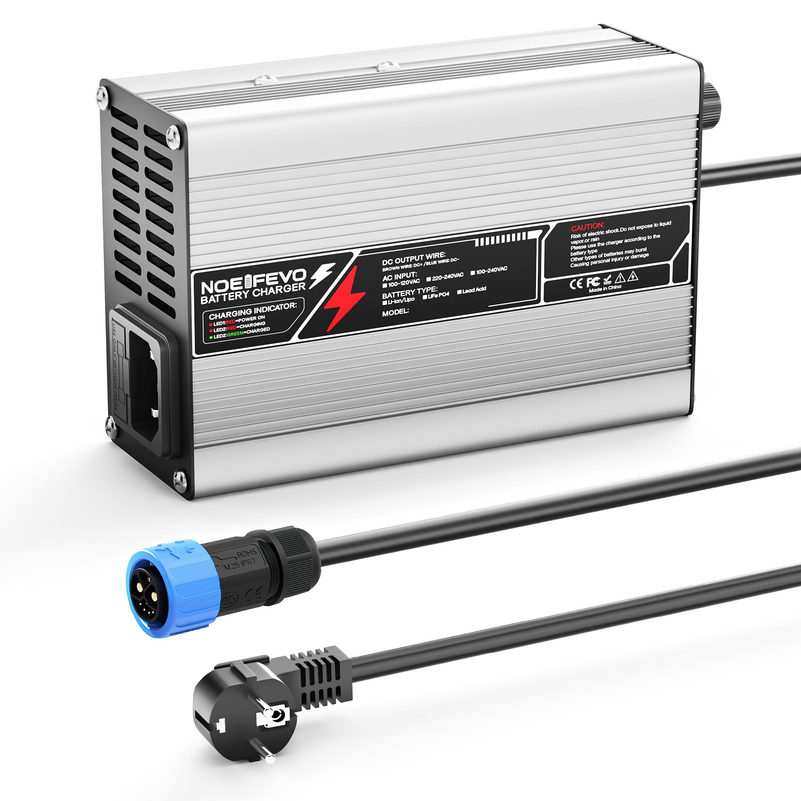 NOEIFEVO Carregador de Bateria de Lítio 33.6V 2A 3A 4A 5A para Baterias Li-Ion Lipo 8S 29.6V, com Ventilador de Refrigeração e Desligamento Automático