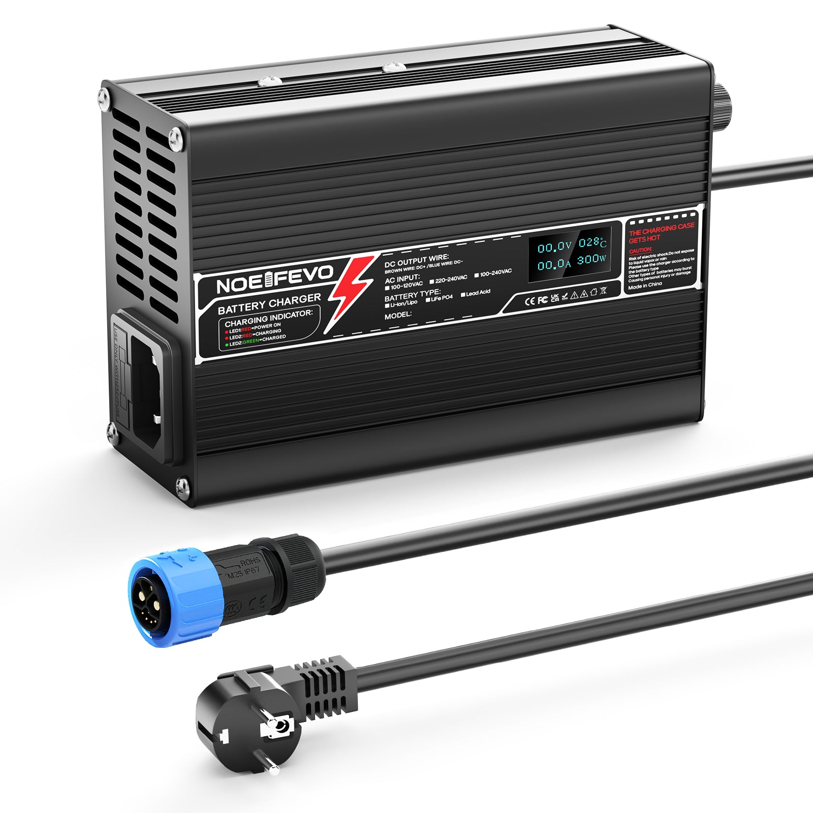 מטען ליתיום NOEIFEVO 29.4V 3A עבור סוללות Li-Ion Lipo 7S 25.9V, עם תצוגת LCD, מאוורר קירור, כיבוי אוטומטי