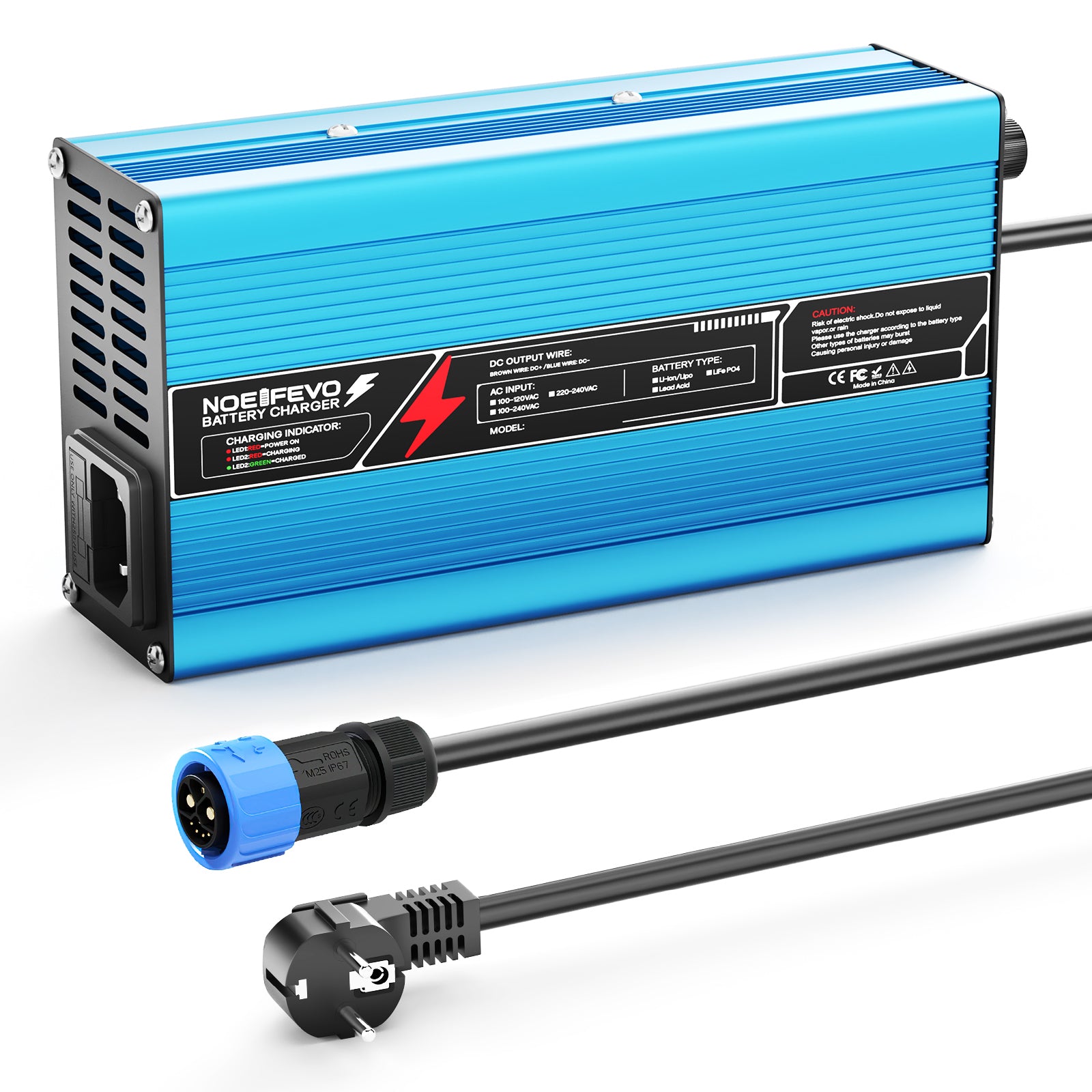 NOEIFEVO 42V 10A 10S Chargeur de batterie lithium, pour batterie Li-Ion 10S 37V, arrêt automatique, boîtier en aluminium, avec ventilateur (bleu)